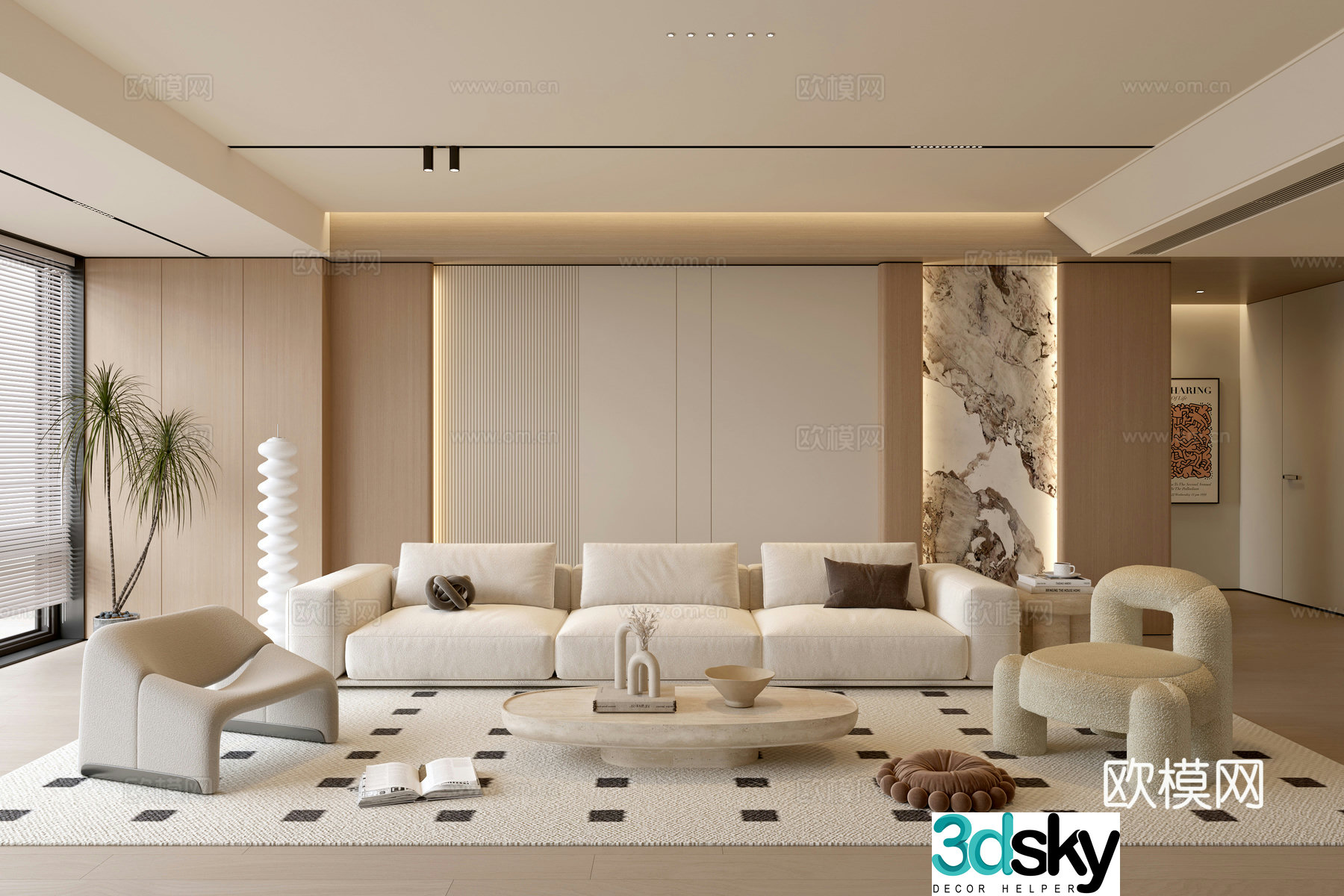 Modern cream simple living room balcony cabinet sofa combination coffee table sofa background wall 3d model