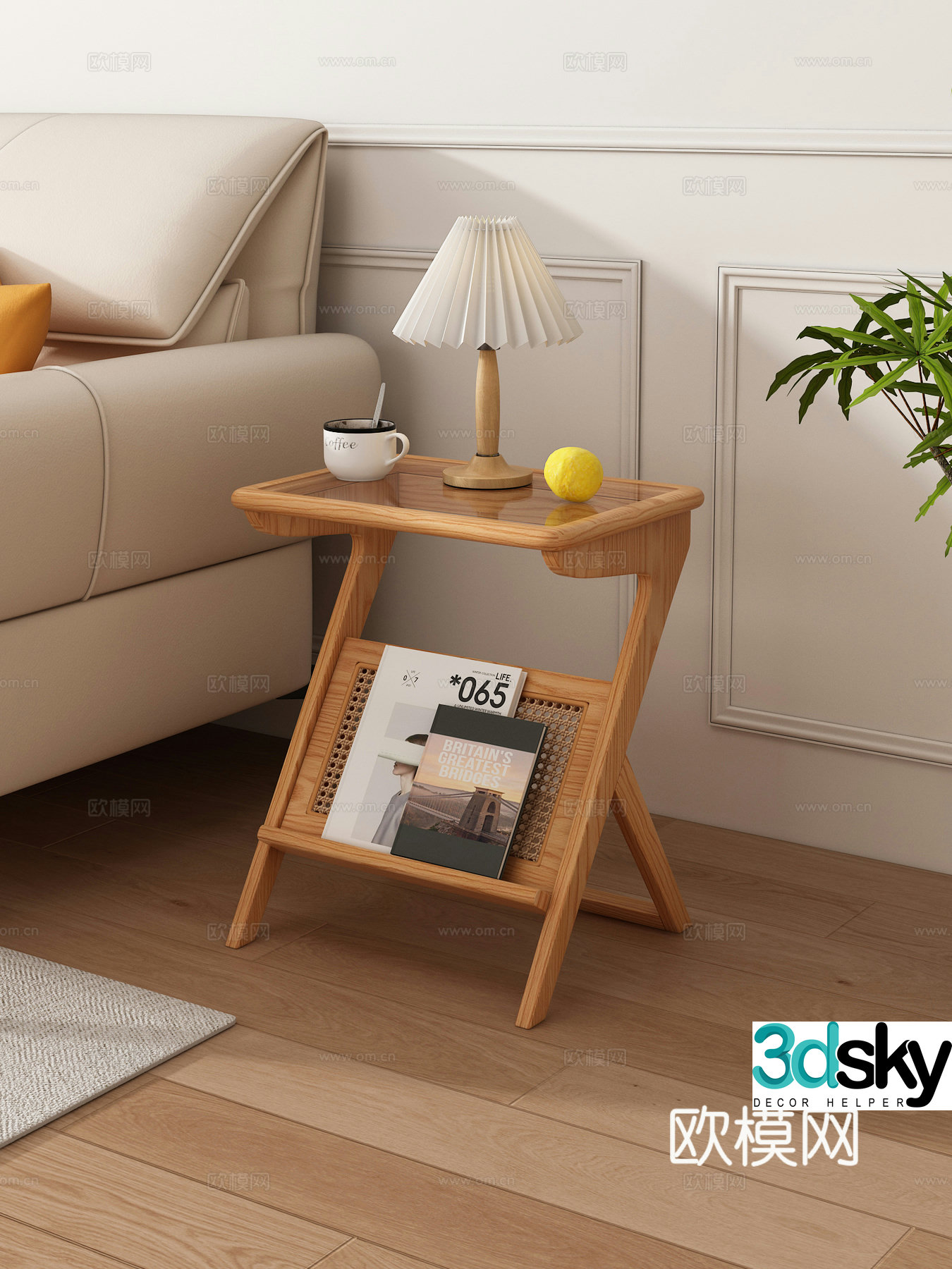 Z-shaped solid wood edge table Nordic log style small coffee table sofa edge table coffee lamp coffee fruit 3d model