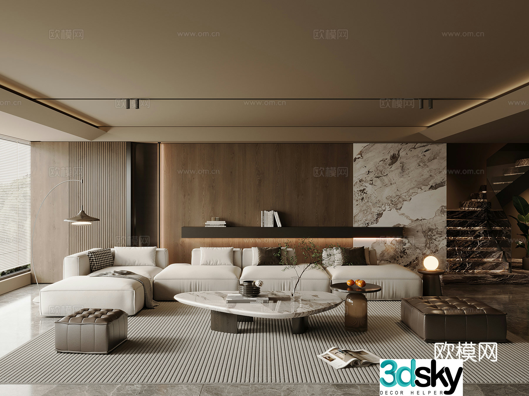 Modern Italian home living room fabric sofa and coffee table combination light luxury coffee table large flat layer bookcase 3D model