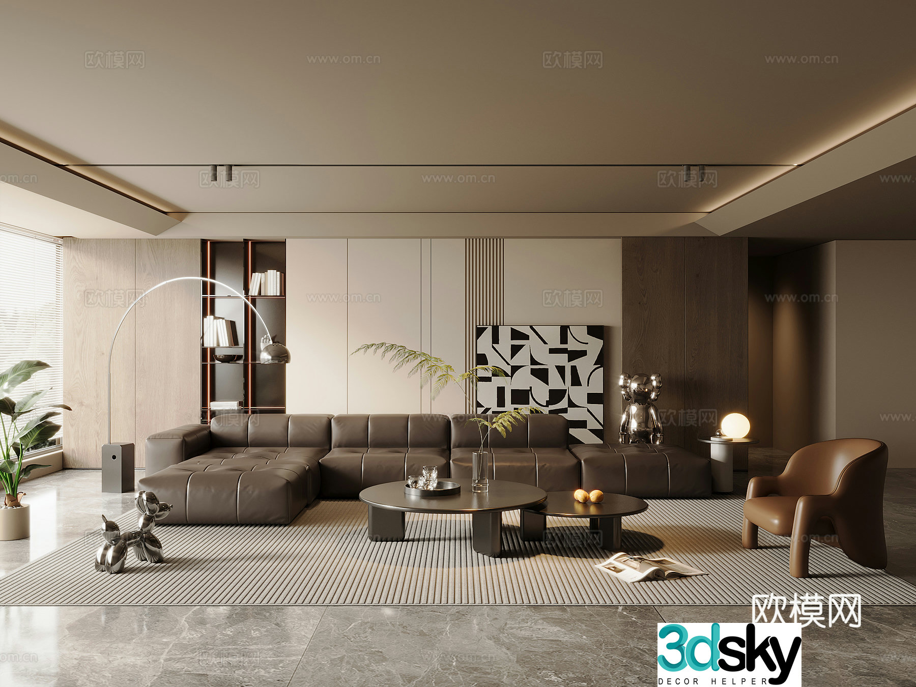 Modern Italian home living room leather sofa coffee table combination light luxury coffee table large flat layer bookcase 3D model