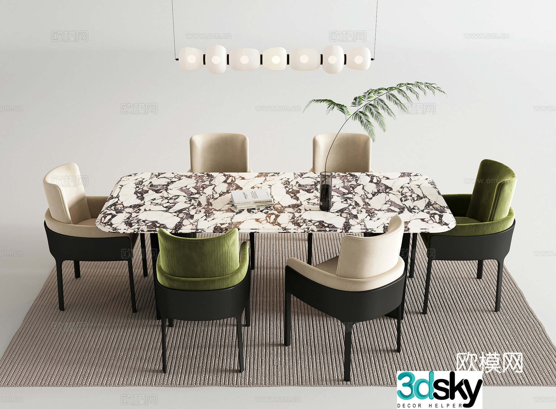 Modern dining table and chairs six-person dining table and chairs stone noodle dining table single chair chandelier 3d model