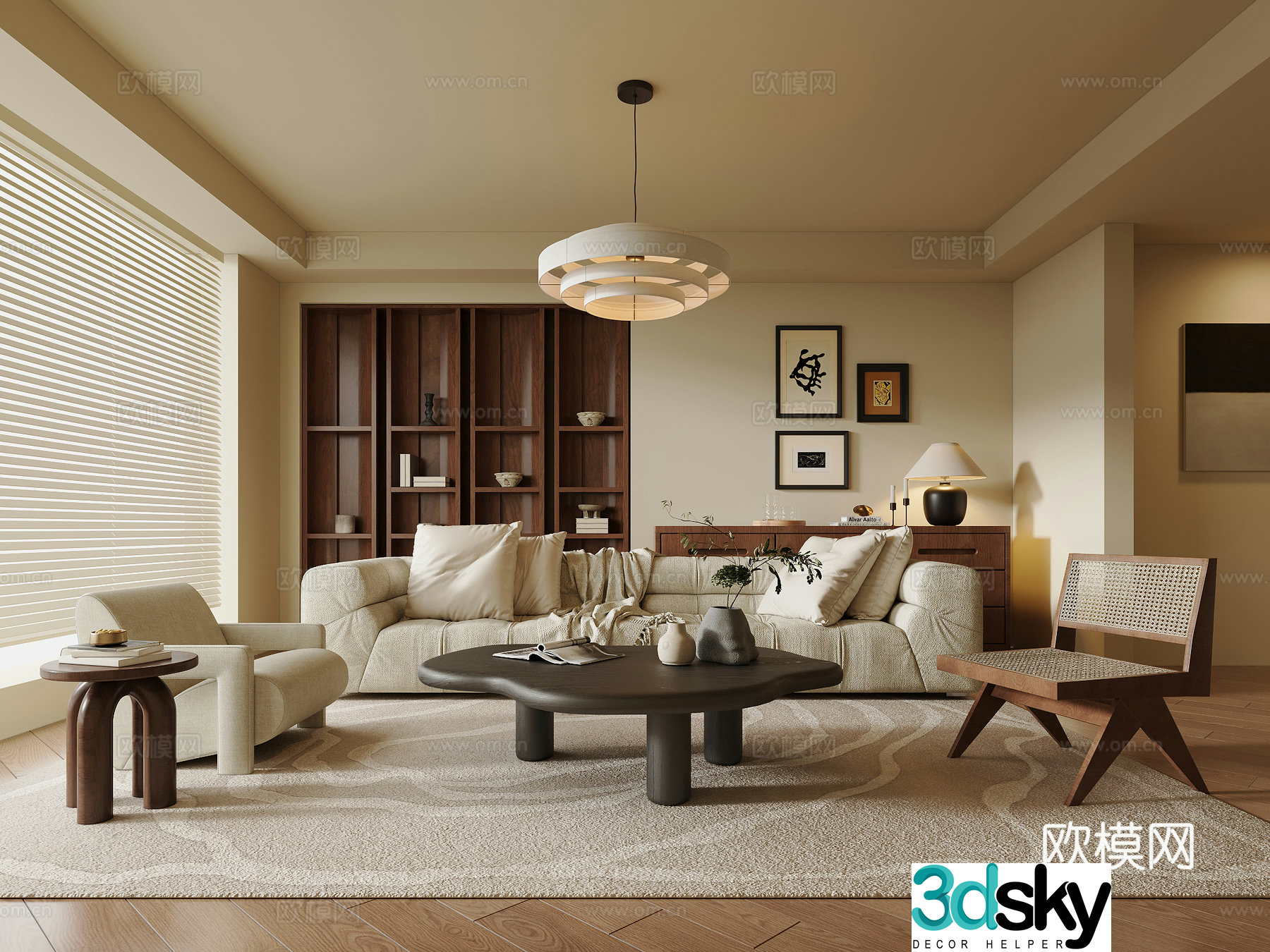 Wasabi Middle Style Home Living Room Small Living Room Fabric Sofa Tea Table Combination Solid Wood Coffee Table 3D Model