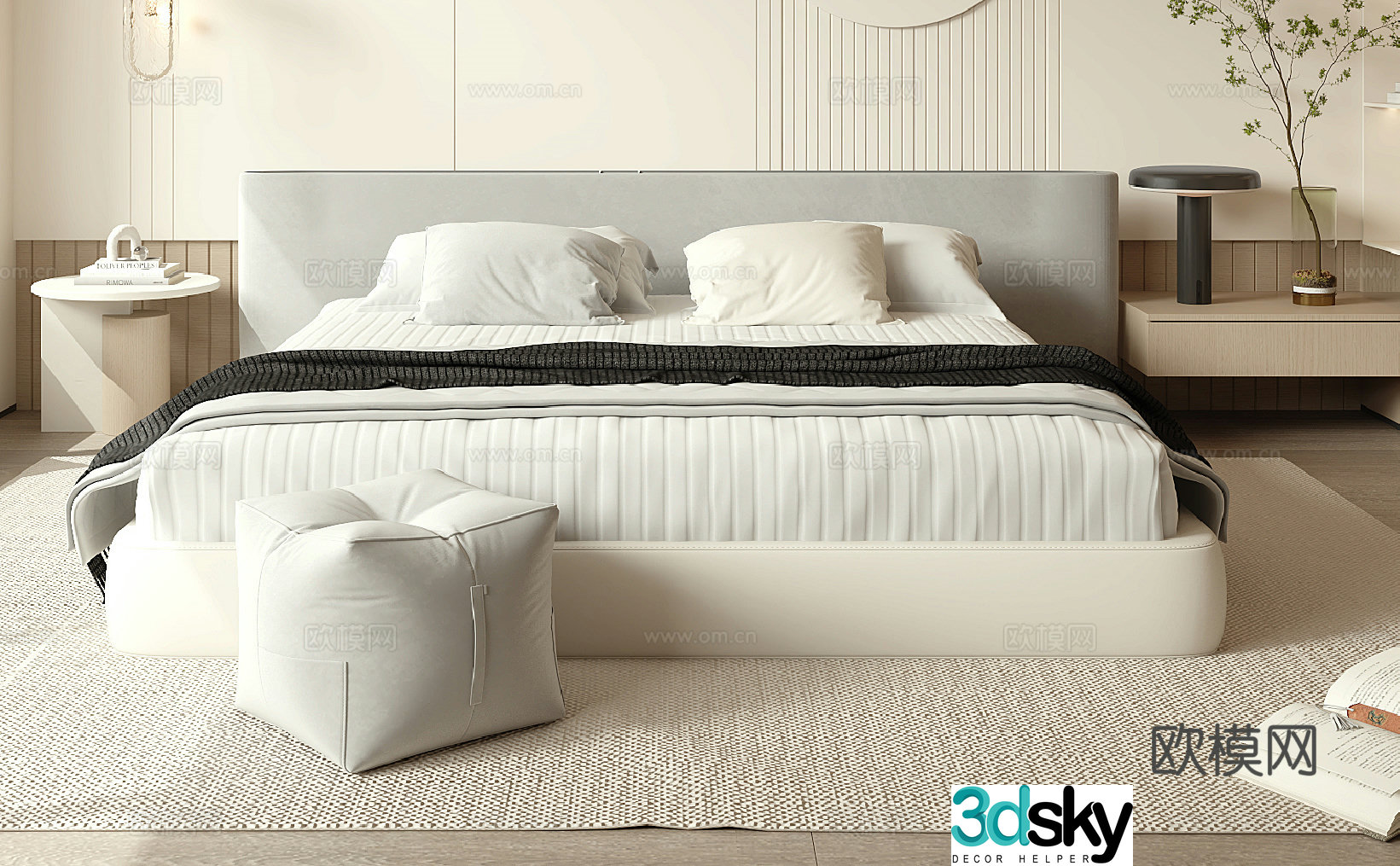 Minimalist double bed bed nightstand bedding bedding pillow bedside lamp 3D model