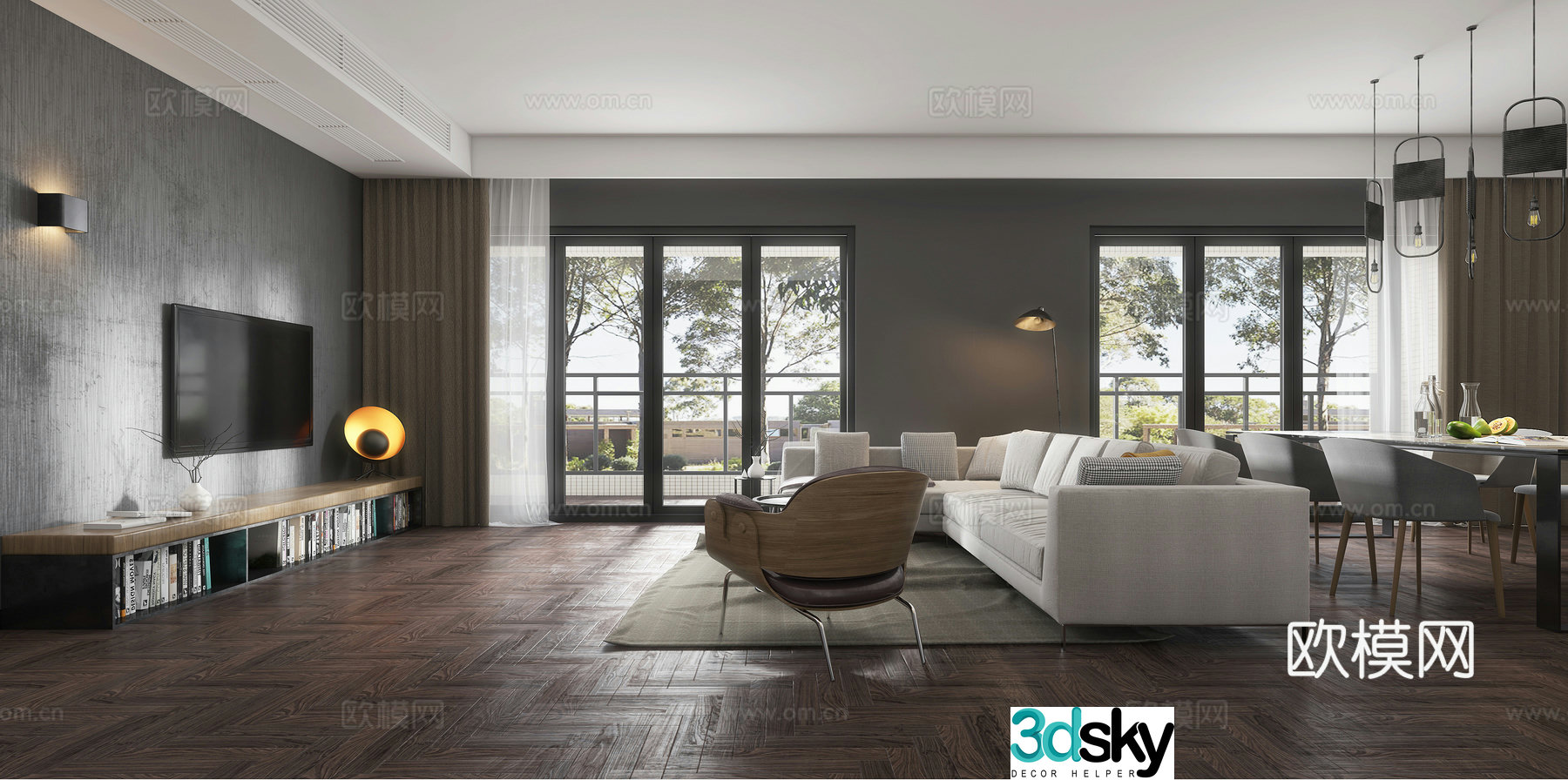Modern living and dining room sofa coffee table chandeliers TV cabinet side cabinet dining table chair 3d model