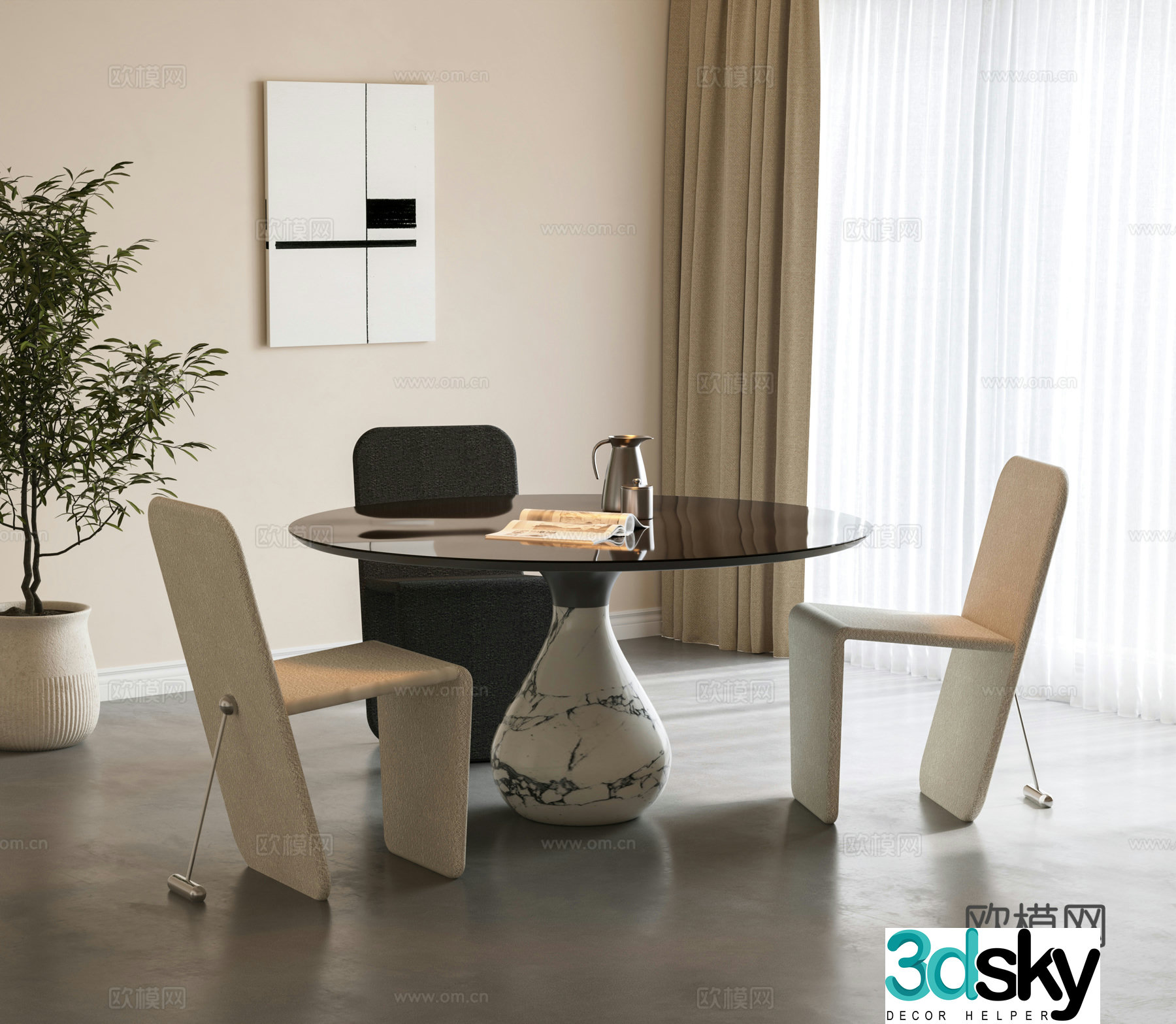 Modern Italian negotiation table and chairs Minimalist dining table and chairs Round casual table and chairs Round coffee table and chairs 3D model