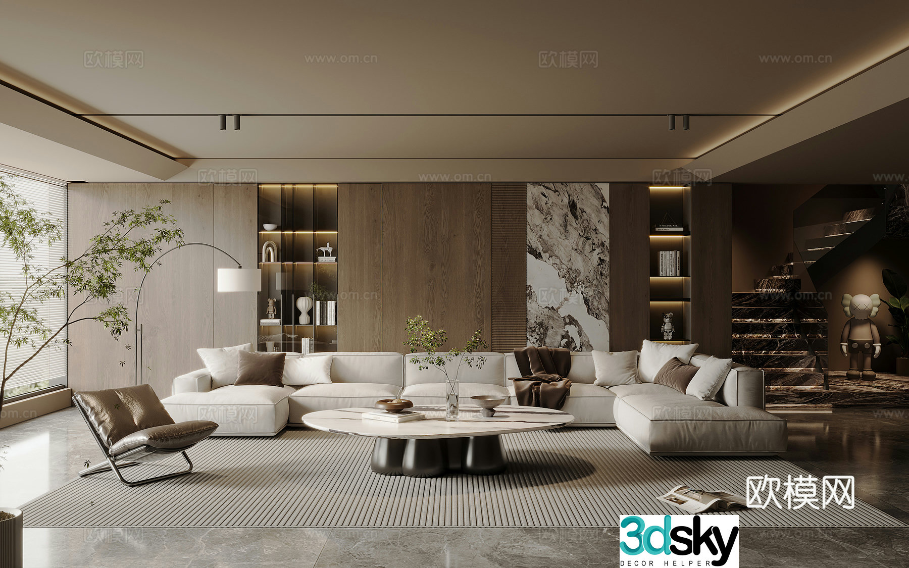 Modern Italian home living room fabric sofa and coffee table combination light luxury coffee table large flat layer bookcase 3D model
