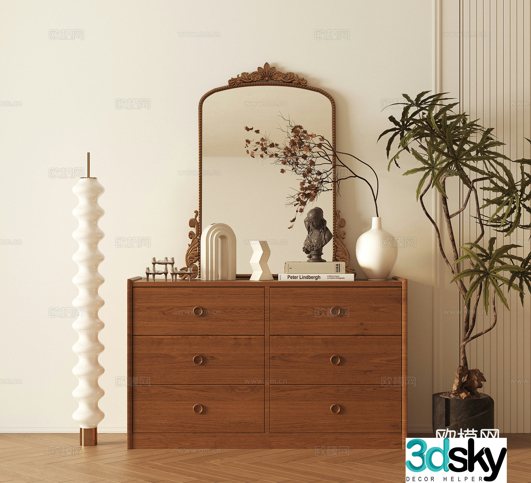 Middle-aged style decoration cabinet porch cabinet vase and floral ornament low cabinet retro mirror storage cabinet 3d model
