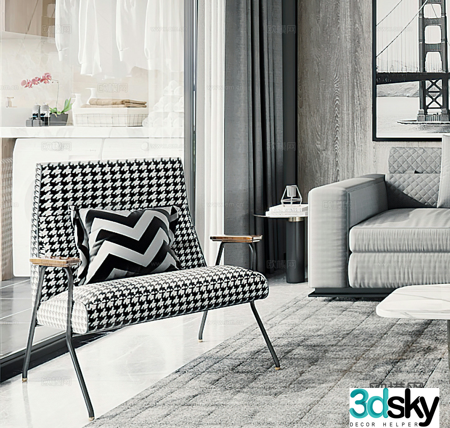 Modern casual chair side table corner table single chair simple black white and gray G7853d model