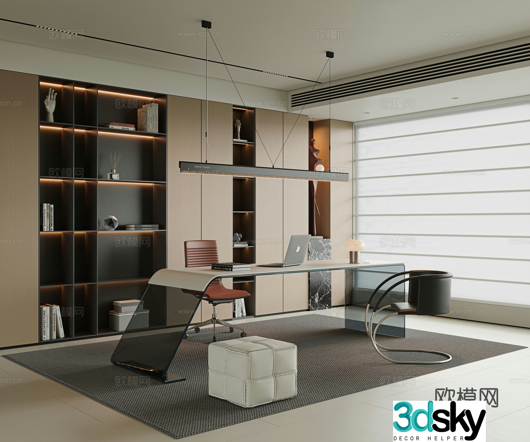 Italian modern study villa study high-end study desk and chair combination study bookcase 3D model