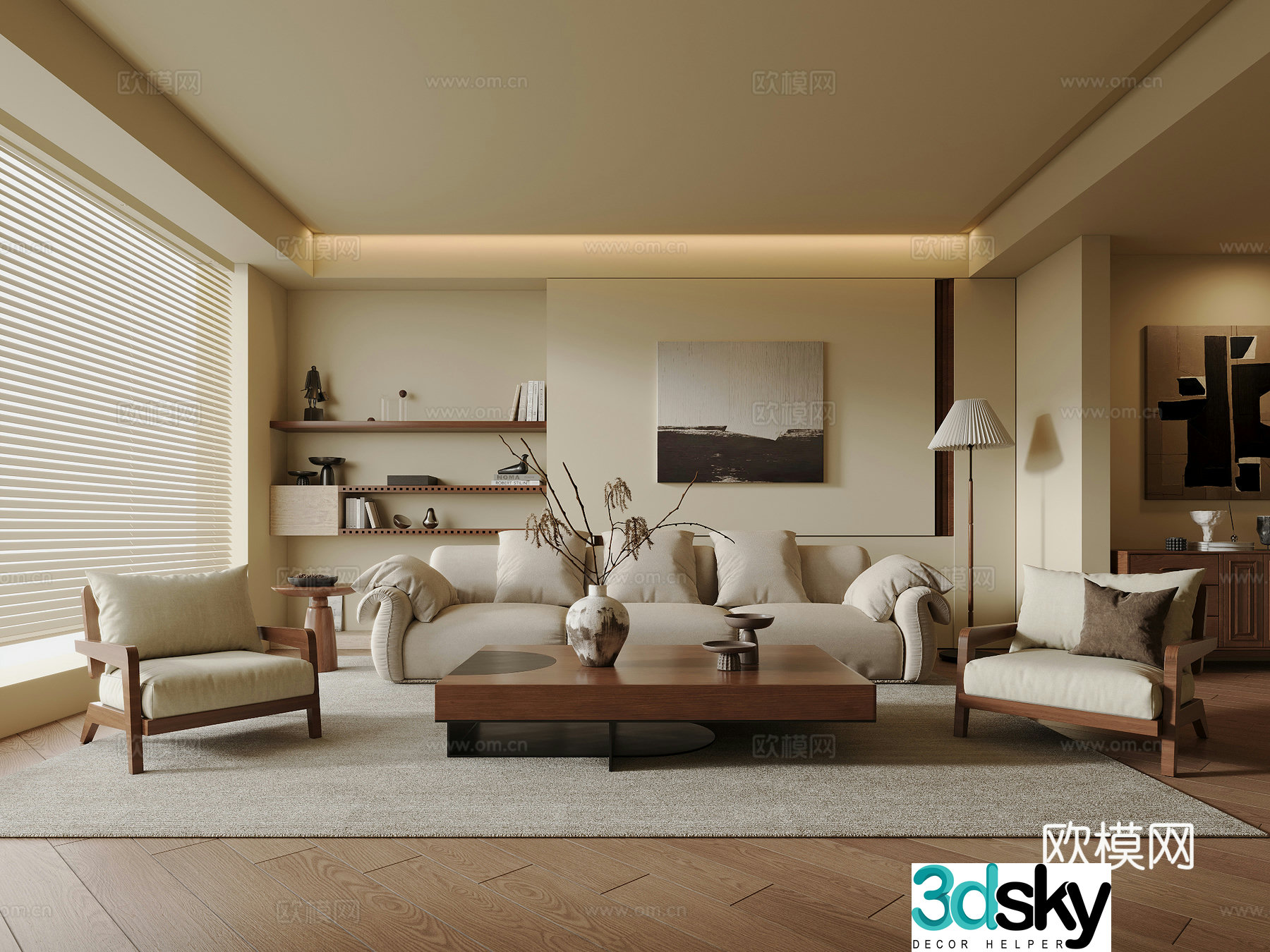 Wasabi Middle Style Home Living Room Small Living Room No Owner Light Fabric Sofa Coffee Table Combination Real 3D Model