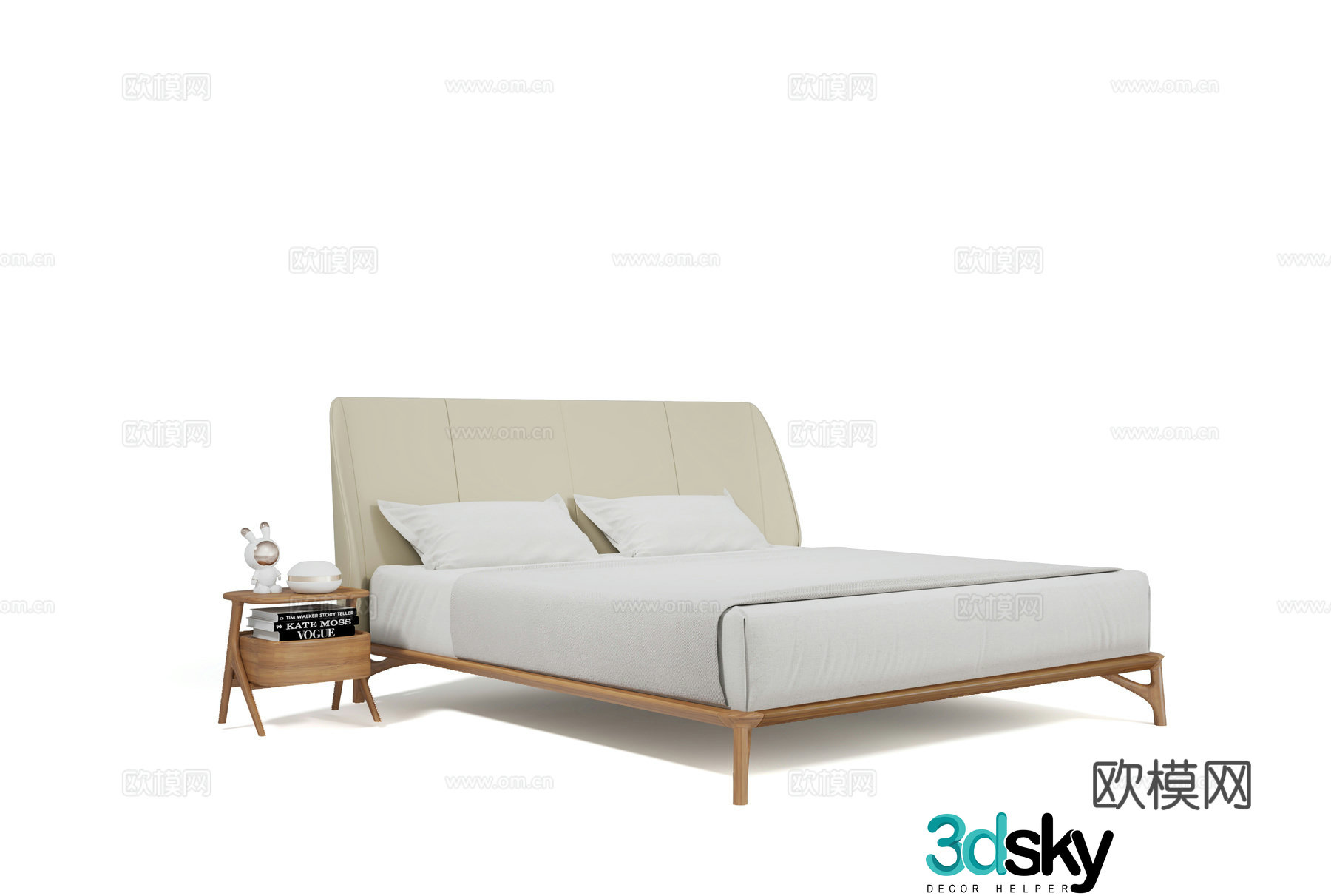 Creamy Double Bed Log Wind Double Bed 3D Model