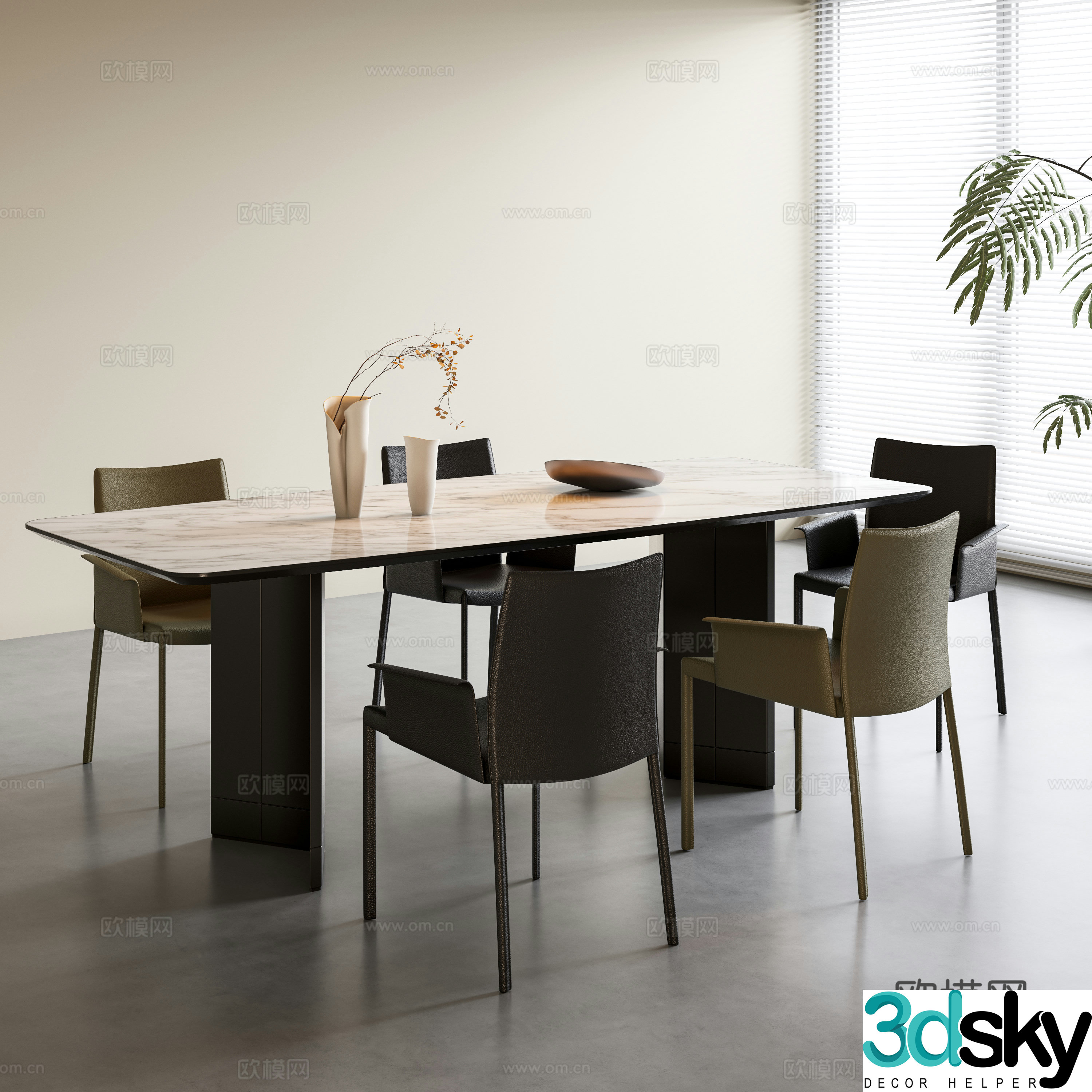 Modern Italian dining table and chairs Dining table and chair combination Modern restaurant Dining table ornaments Long dining table and chair combination 3D model