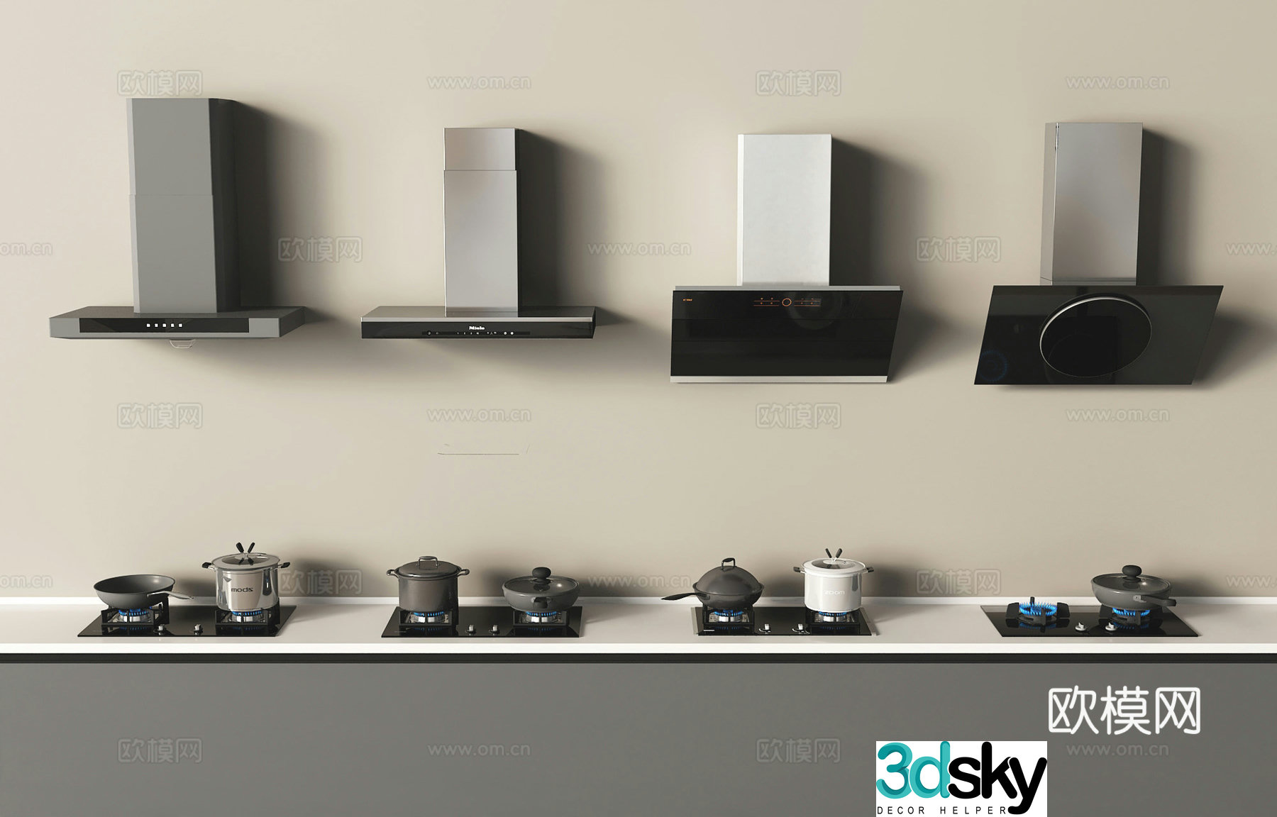 Modern range hood gas stove 3D model