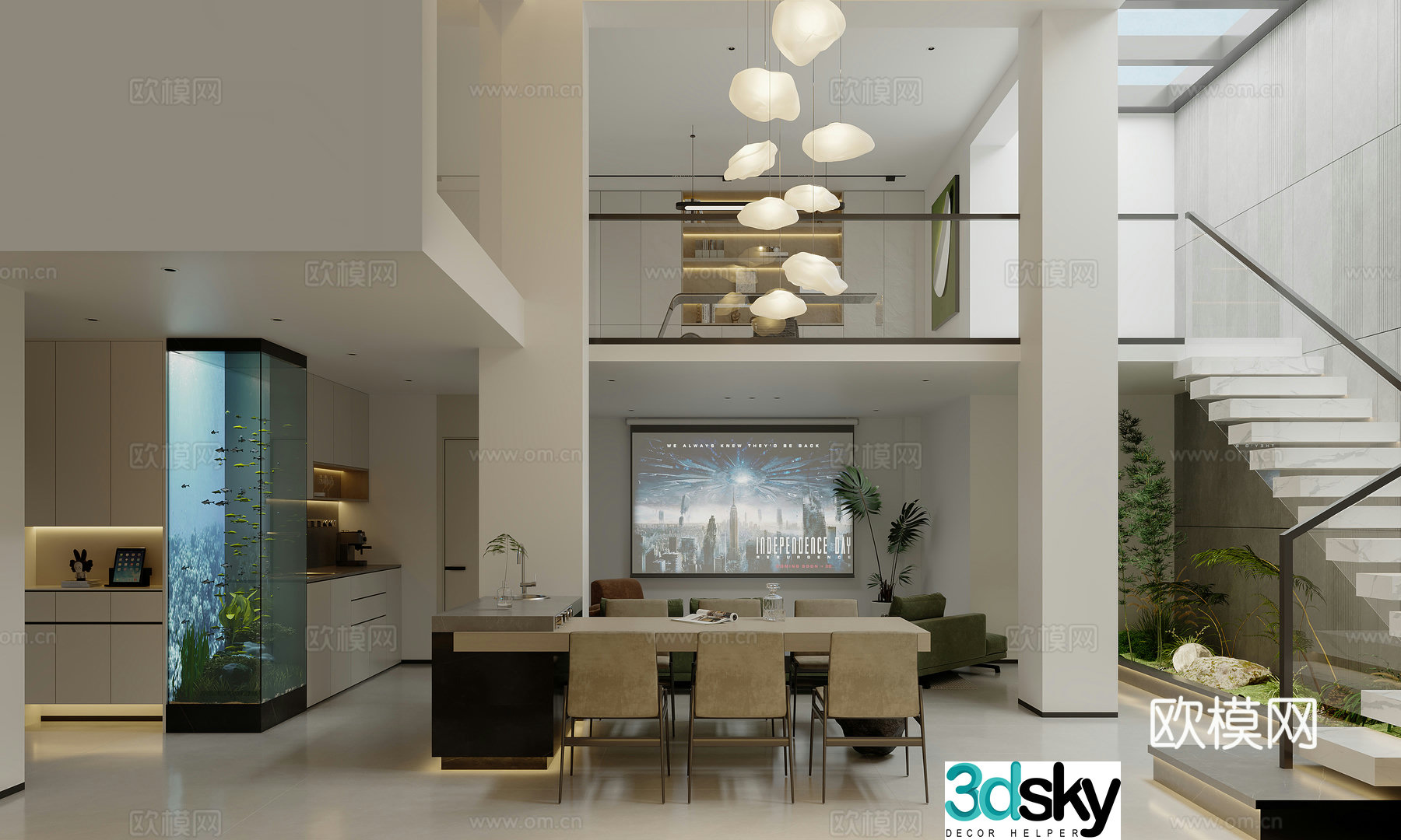 Modern living and dining room 3d model