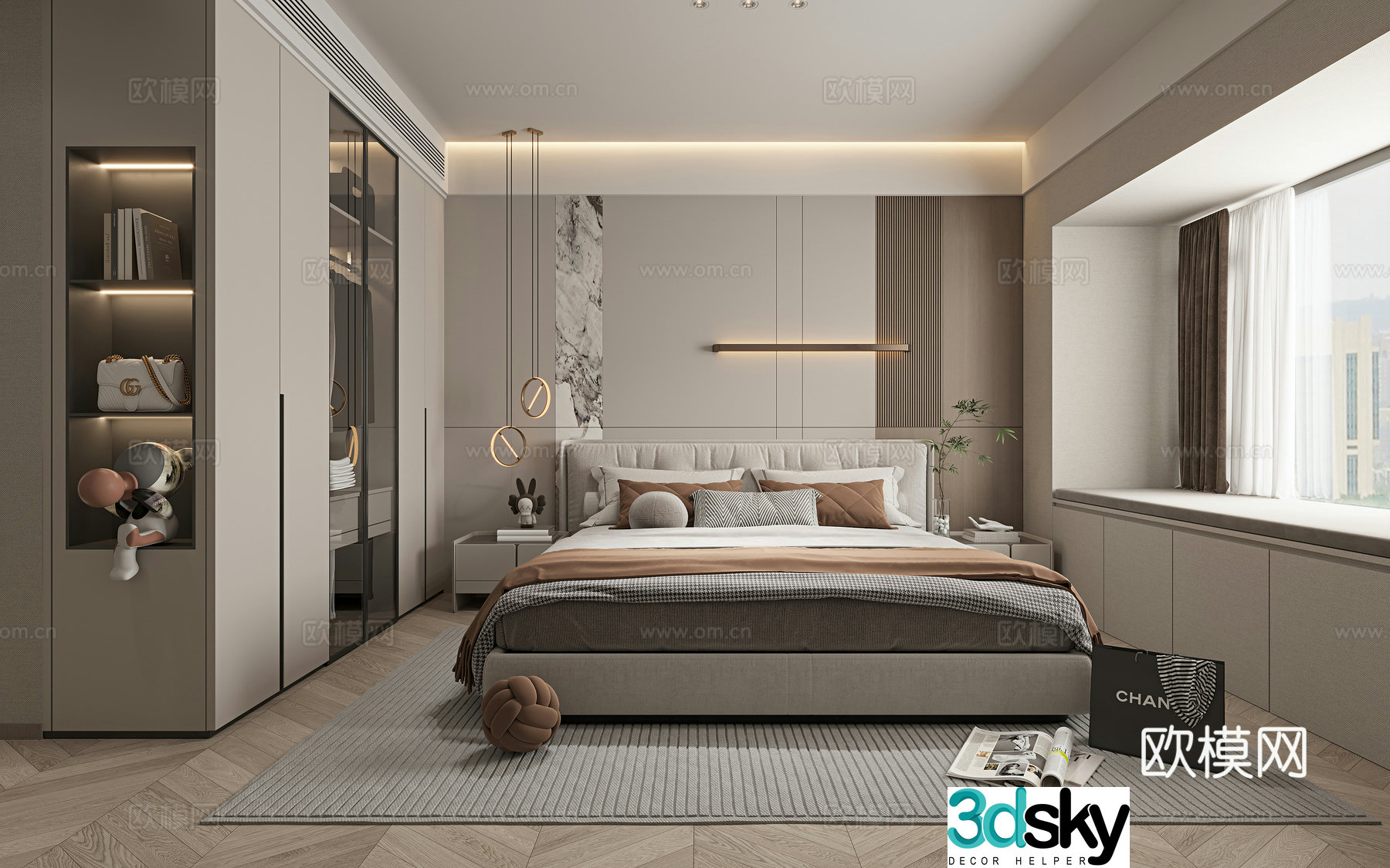 Modern bedroom fabric bed desk wardrobe bedside background wall 3d model