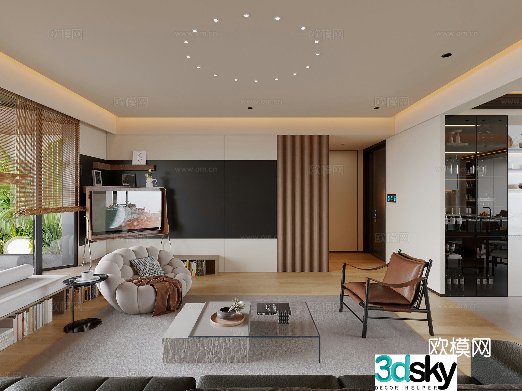 Modern retro living room sofa coffee table combination single chair curved floor cabinet mobile TV set 3D model