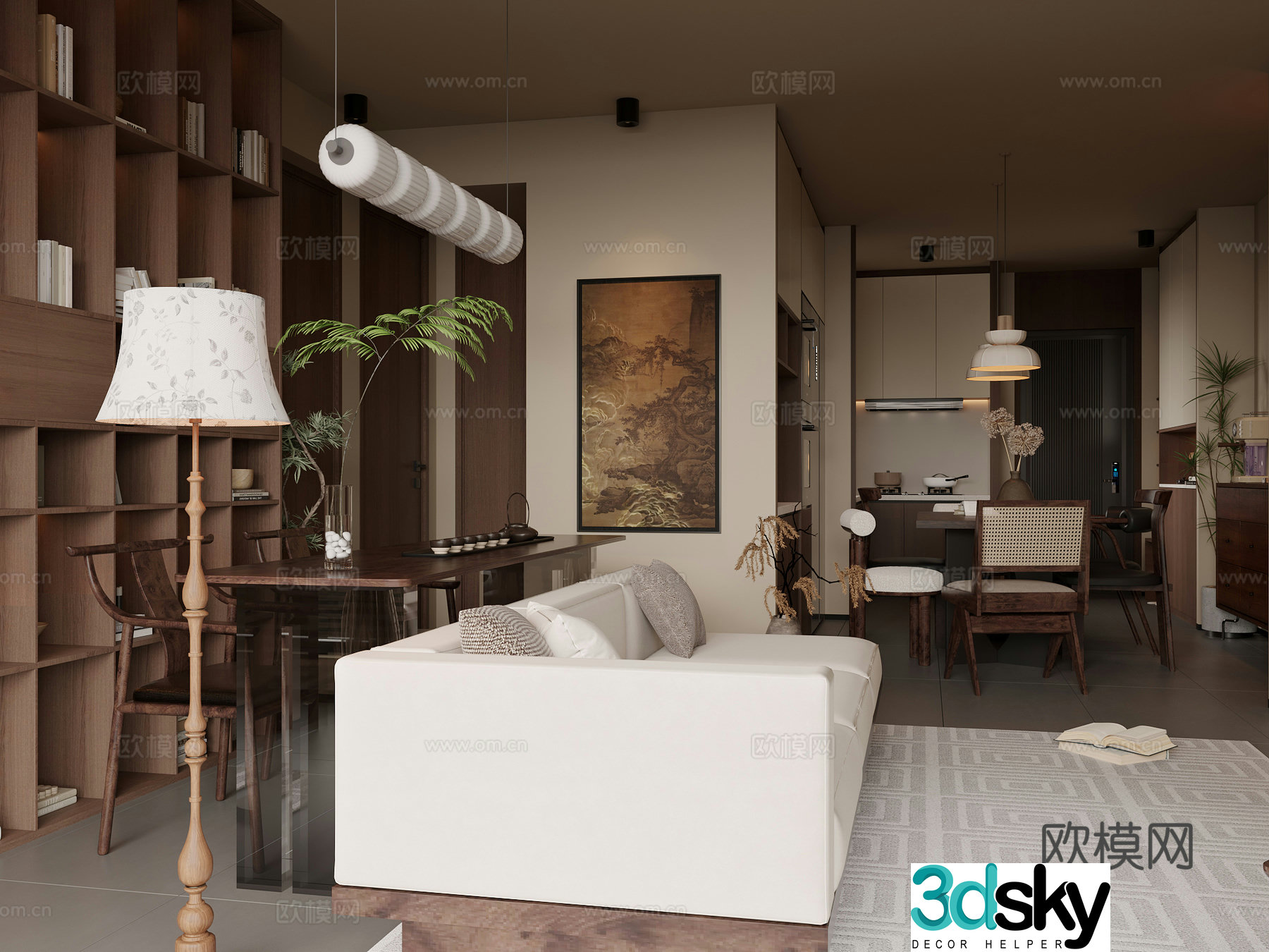 Medium style living room sofa coffee table combination desk bookcase hanging painting chandelier floor lamp 3d model