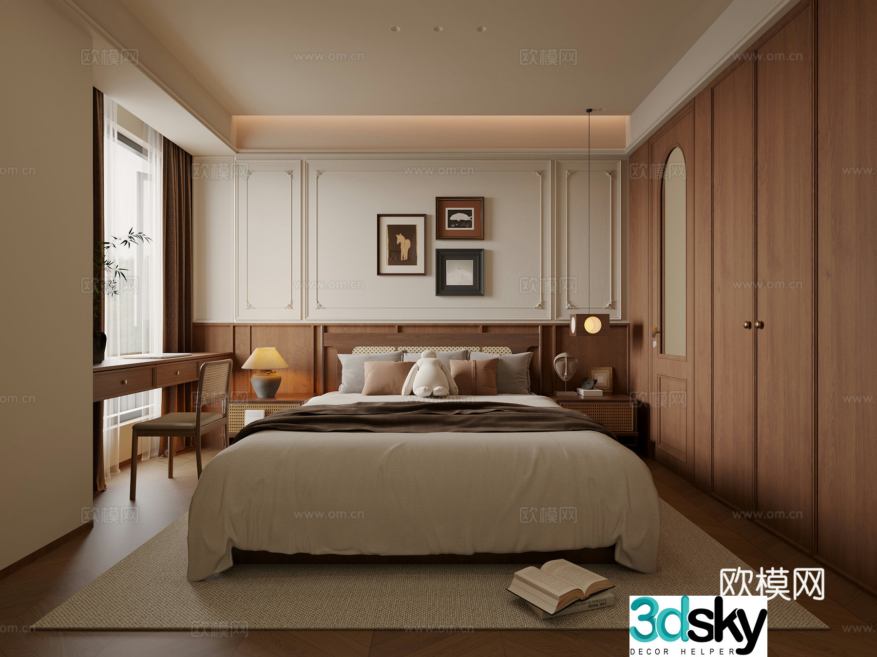 Medium style bedroom bedside background hanging painting ceiling wardrobe desk 3d model