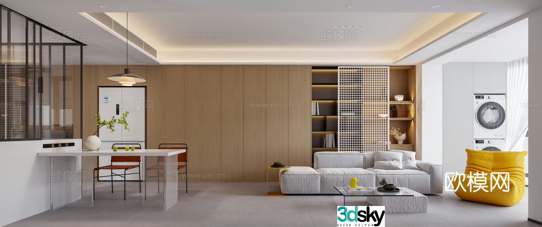 Modern minimalist living and dining room 3D model