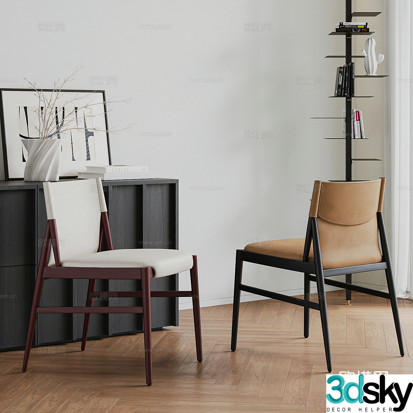 Medium style single chair combination Italian single chair combination Smoked oak leather side cabinet 3D model