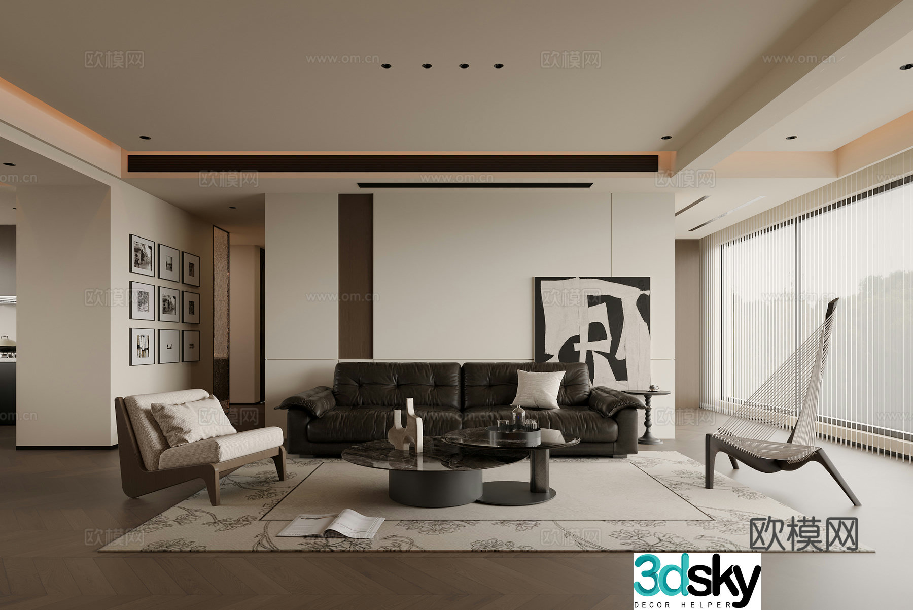 Italian medieval sofa background wall hanging painting black leather sofa single chair combination painting 3D model