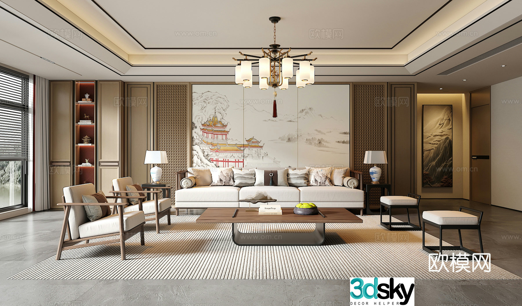 New Chinese living room sofa and coffee table combination green plants accessories desk lamp background wall 3D model