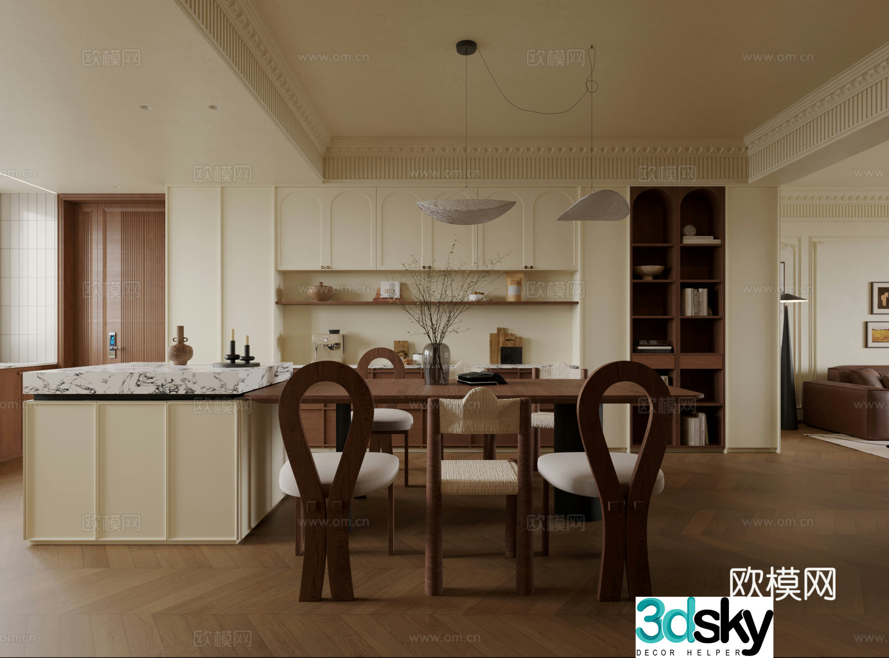 French medieval cream living and dining room island wine cabinet dining table chair combination chandelier 3d model