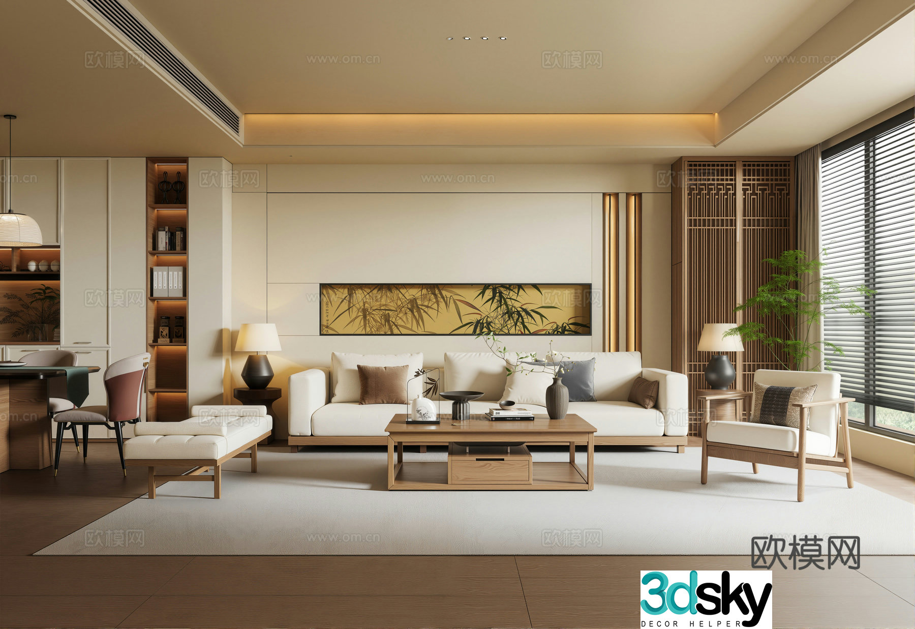 New Chinese style Song’s living room sofa coffee table combination sideboard dining table and chair sofa background wall 3D model
