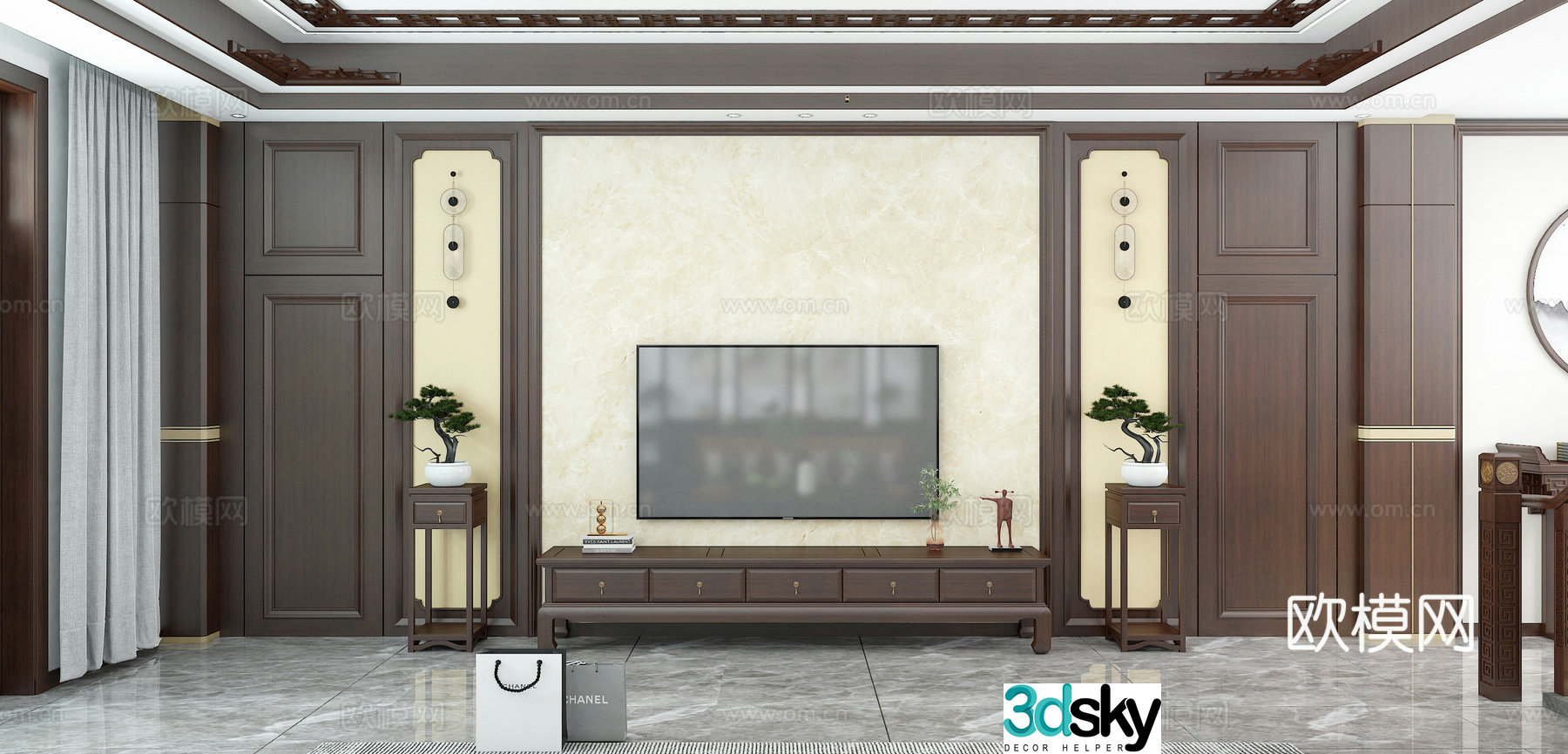 New Chinese TV background wall TV cabinet flower stand invisible door 3D model