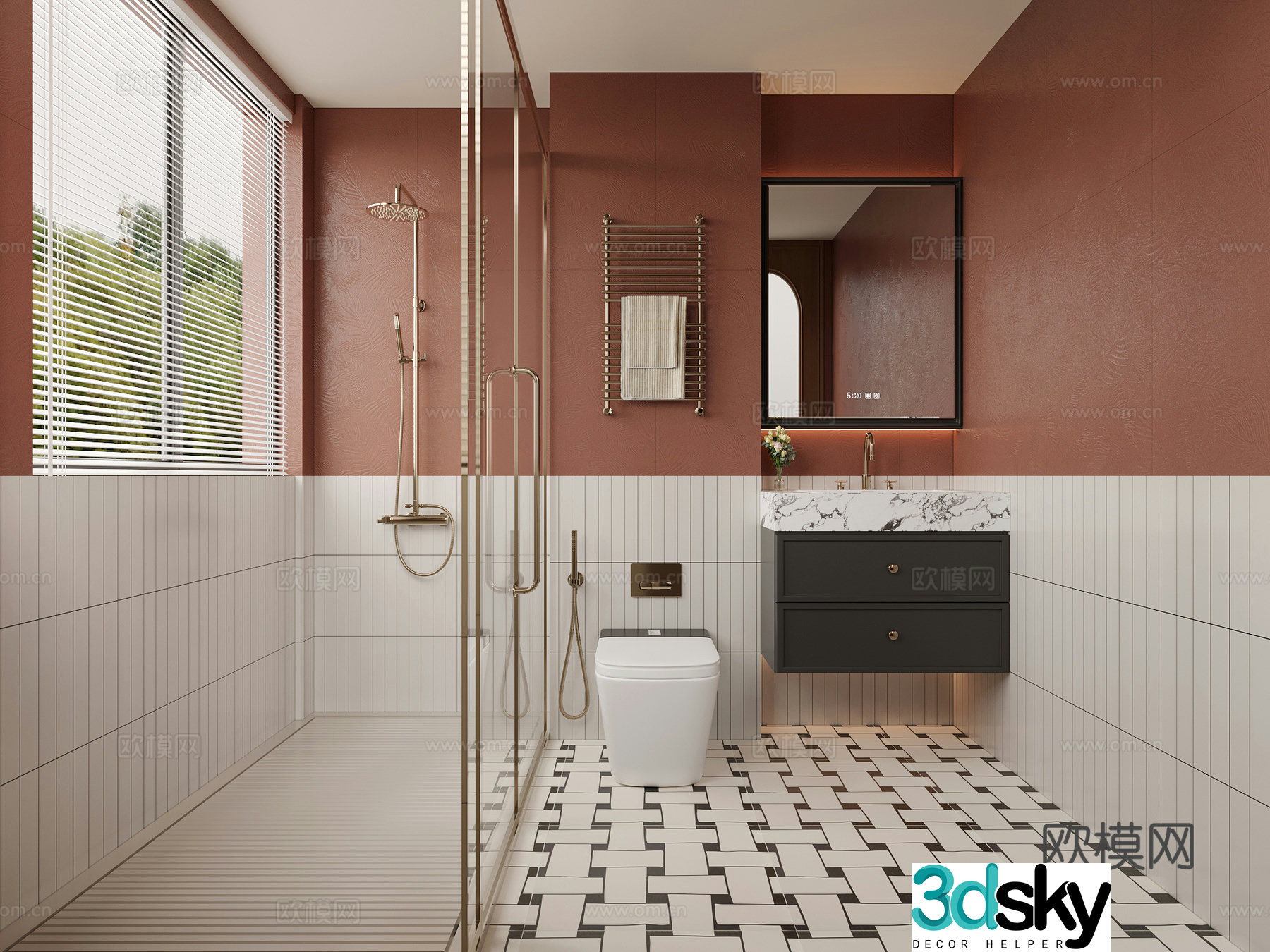 French bathroom niche toilet bathroom cabinet glass partition flower tiles 3d model