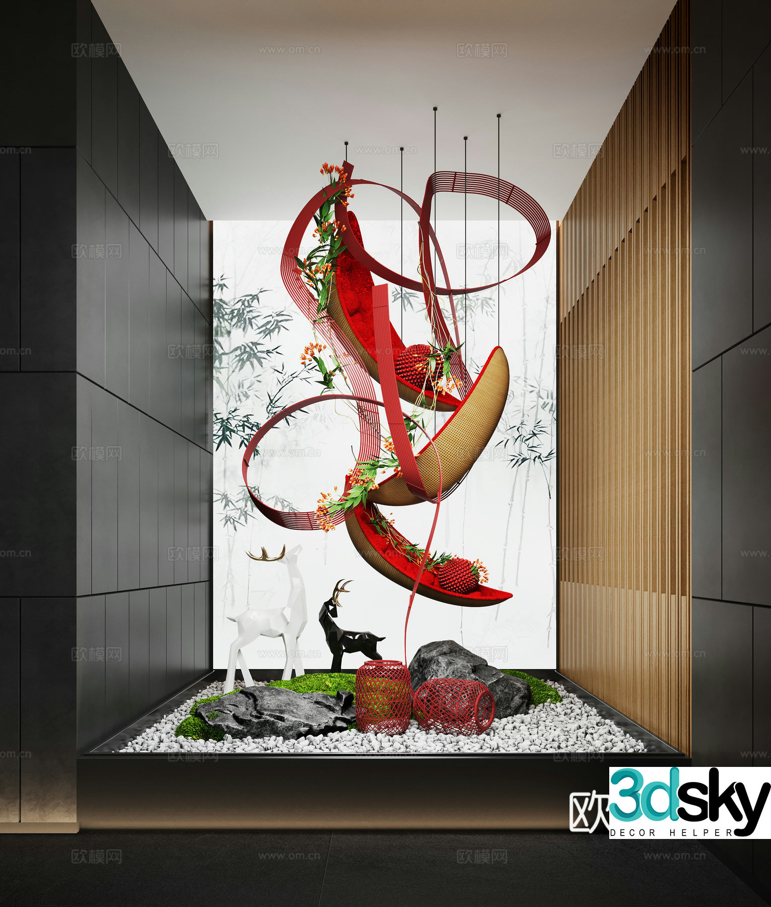 New Chinese-style landscape landscaping Indoor landscape rattan weaving device pendant bryophyte landscape stone 3D model