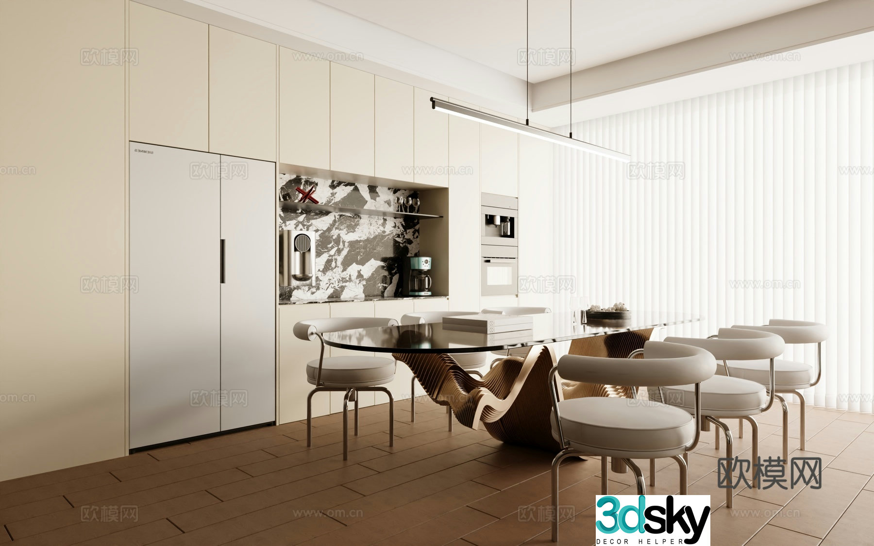 Modern Italian home restaurant creamy style open walk-in long table high-end 3D model