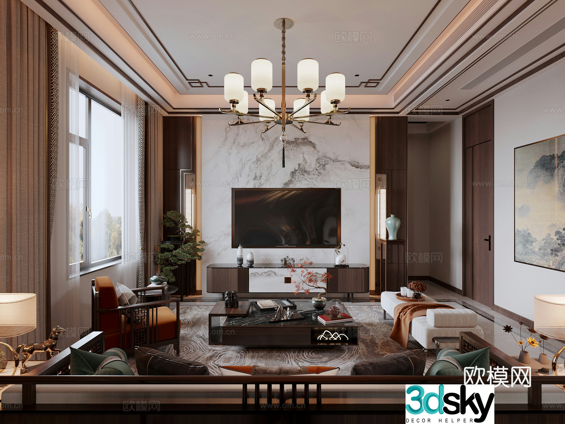 New Chinese style villa living room TV background sofa coffee table combination chandelier green plant ornament 3D model