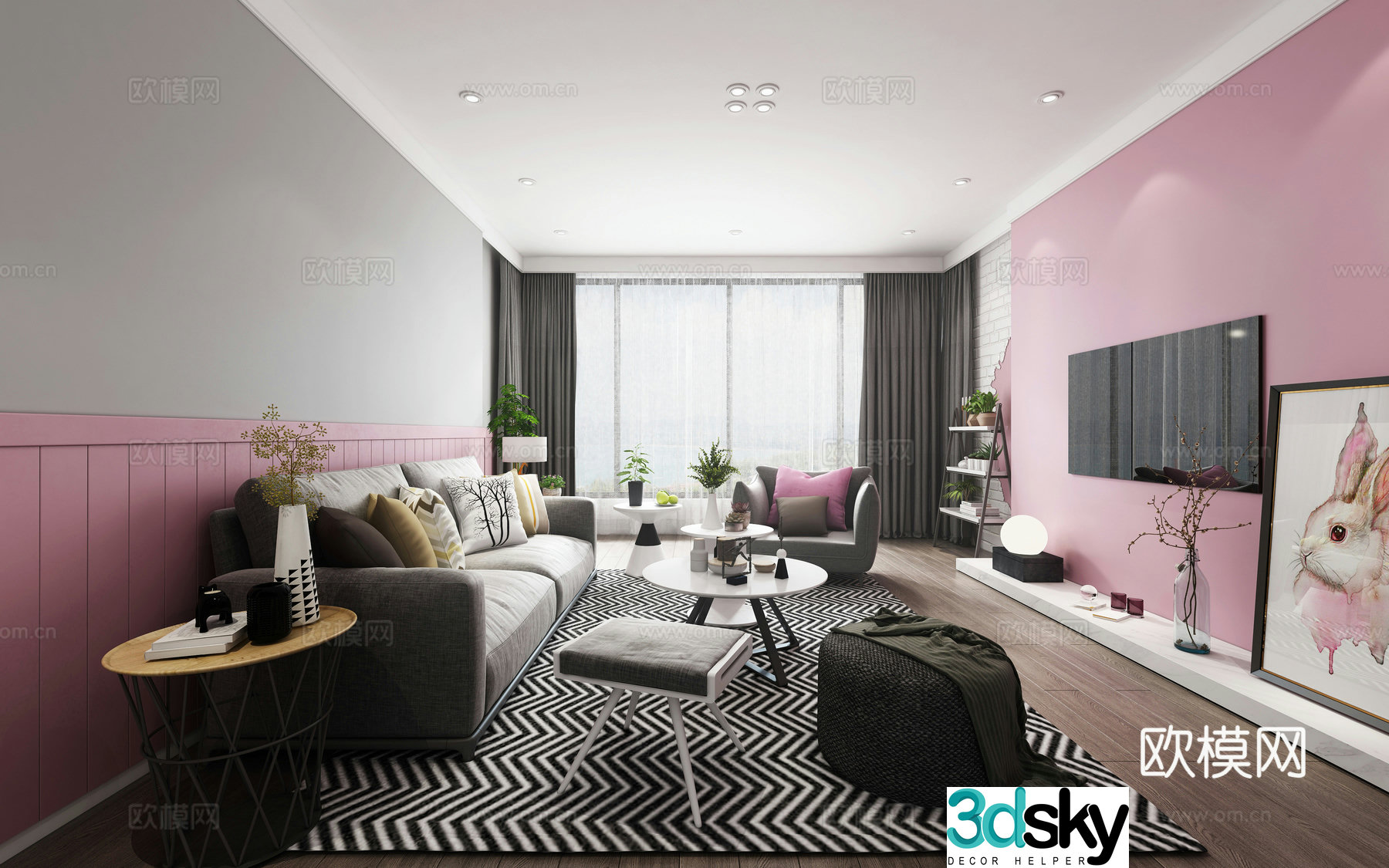 Nordic living room sofa coffee table chandeliers TV cabinet side cabinet 3d model
