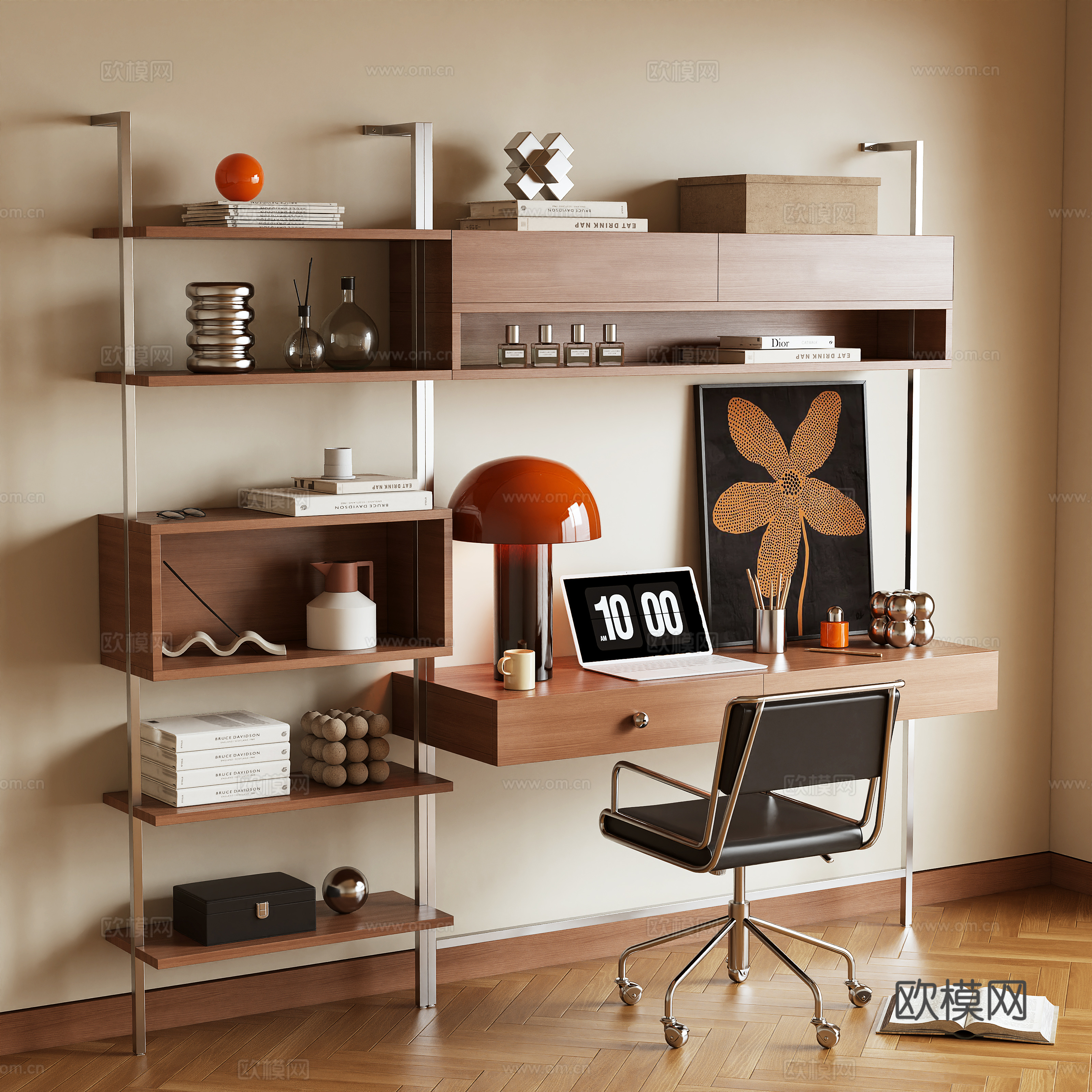 Middle-aged bookcase table and chair combination desk bookshelf 3D model
