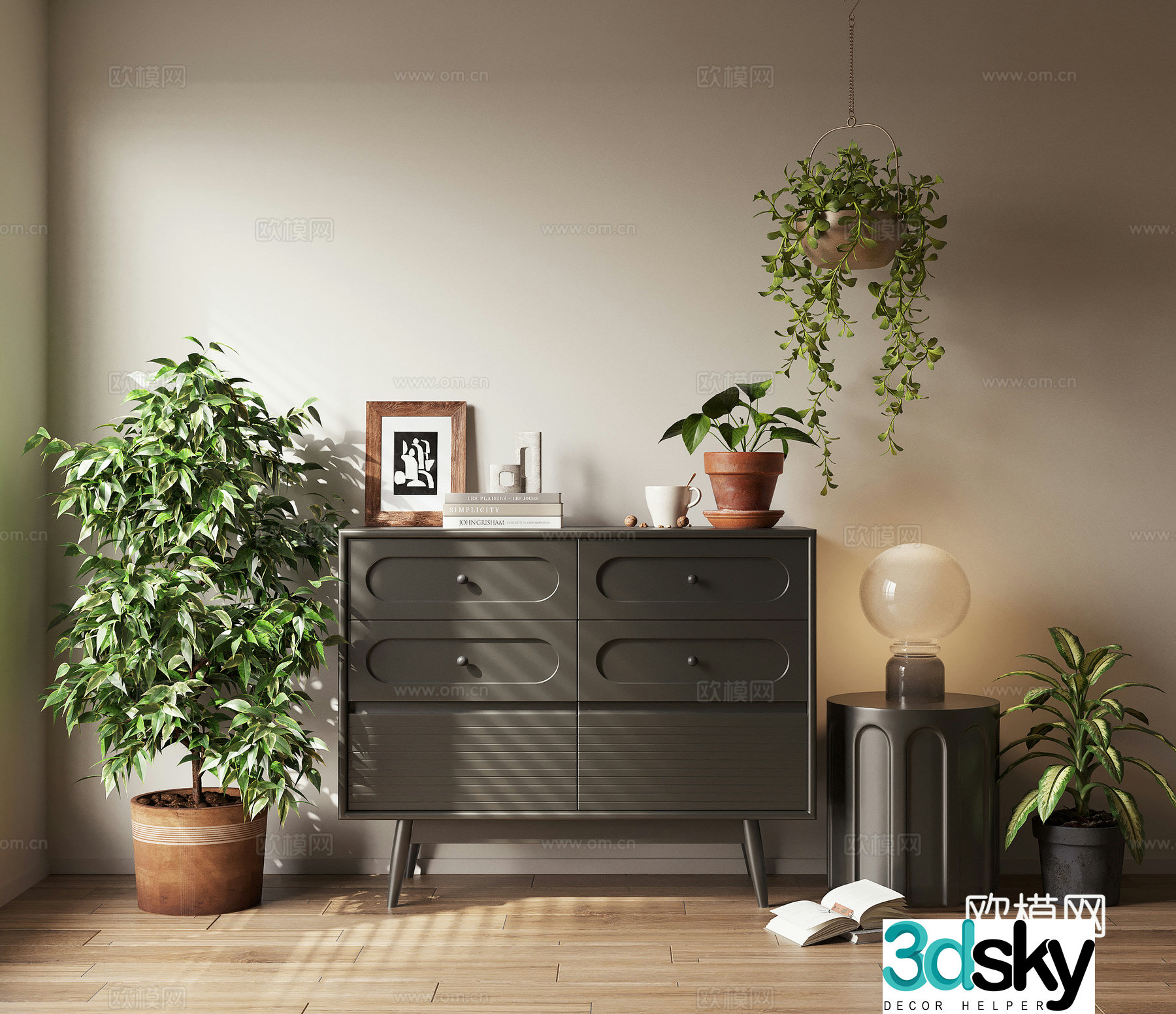 3D model of low cabinet chest cabinet decoration cabinet ornament side potted plants