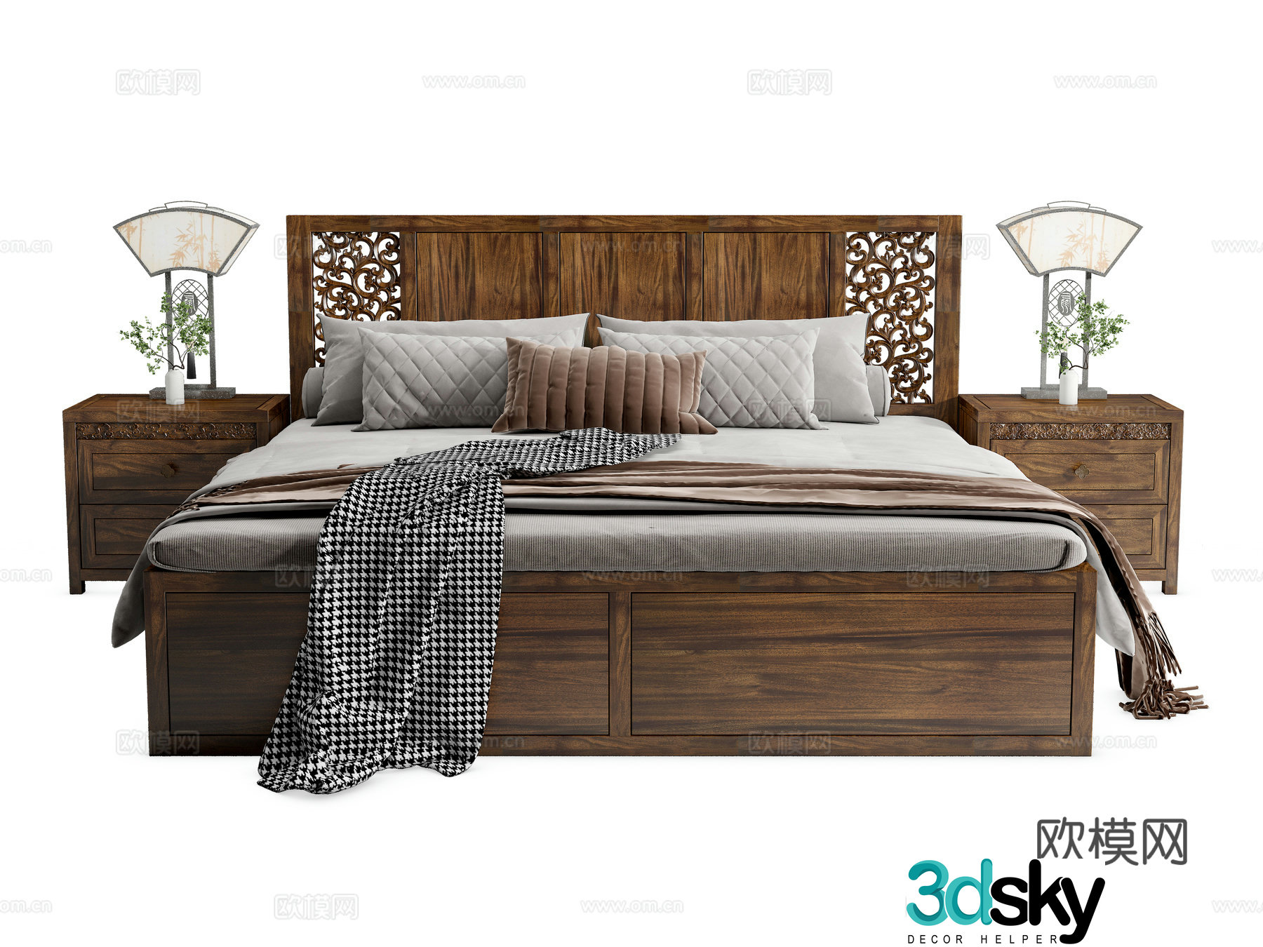 New Chinese style bed solid wood bed hollow carved bed black gold wood double bed bedside table 3D model