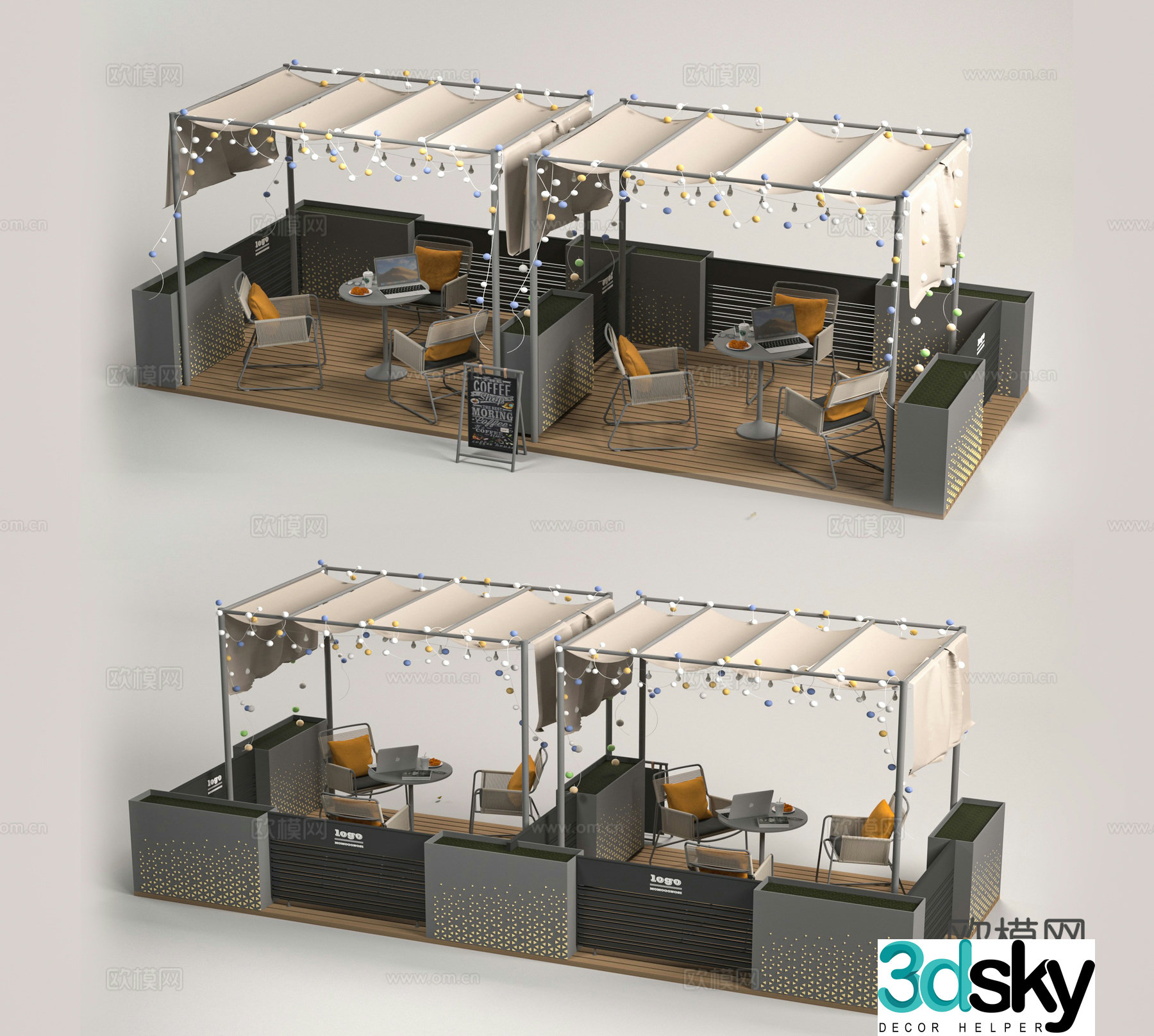 Modern commercial outdoor tables and chairs awnings atmosphere decorative lights fences LED signboards 3D models
