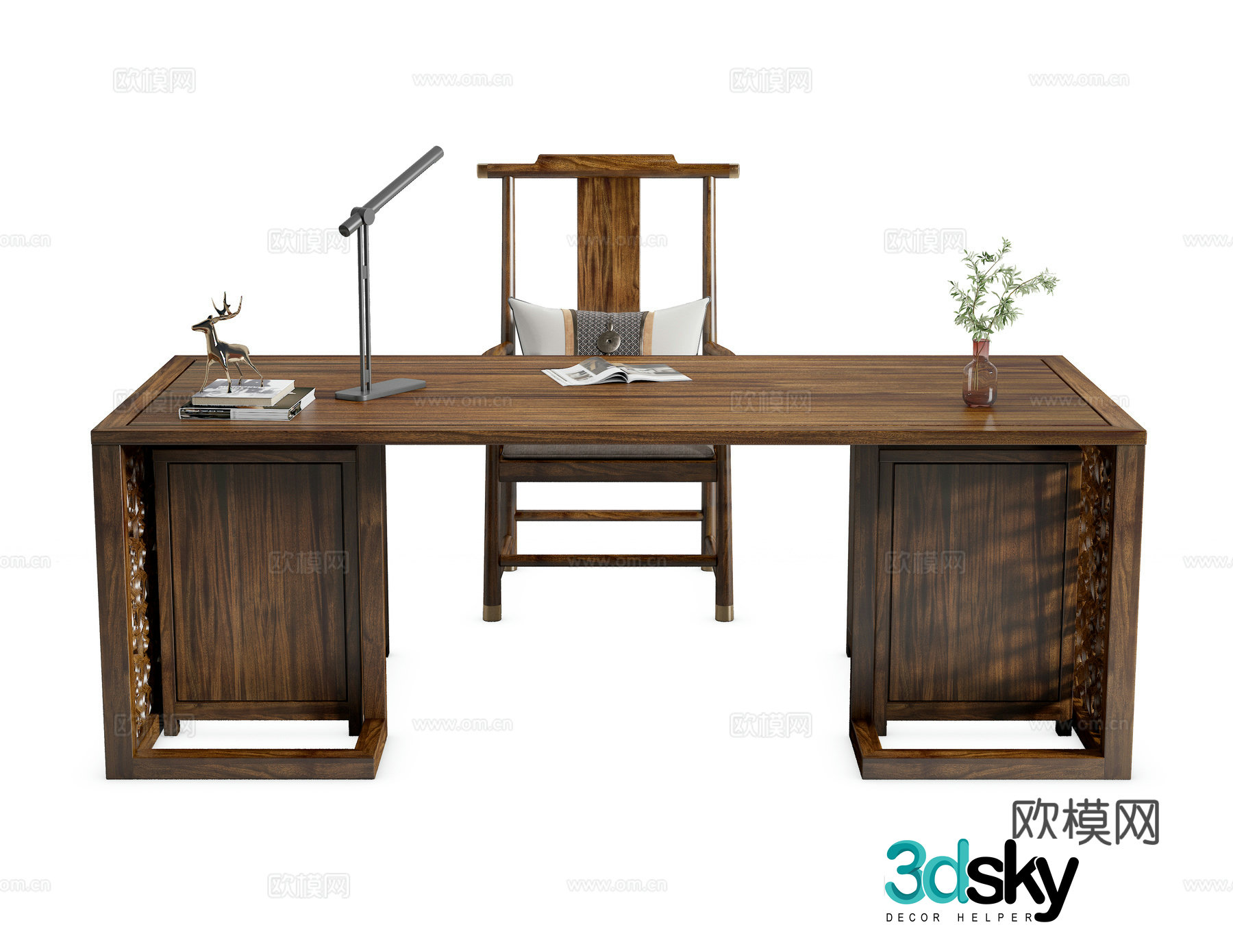 New Chinese style desk and chair solid wood desk and chair combination black gold wooden desk and chair calligraphy desk and chair 3D model