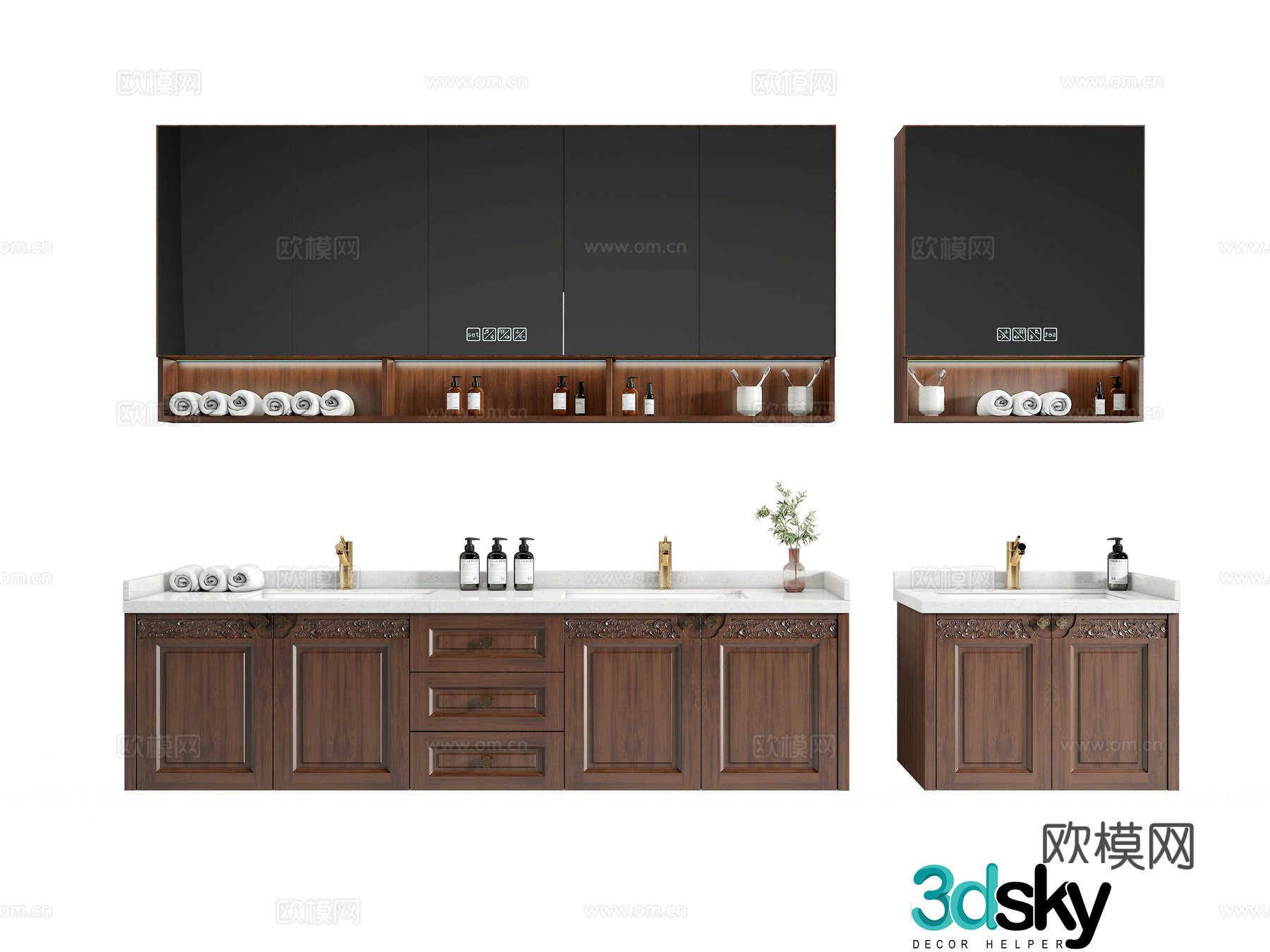 New Chinese style bathroom cabinet solid wood bathroom mirror cabinet double basin bathroom cabinet 3D model