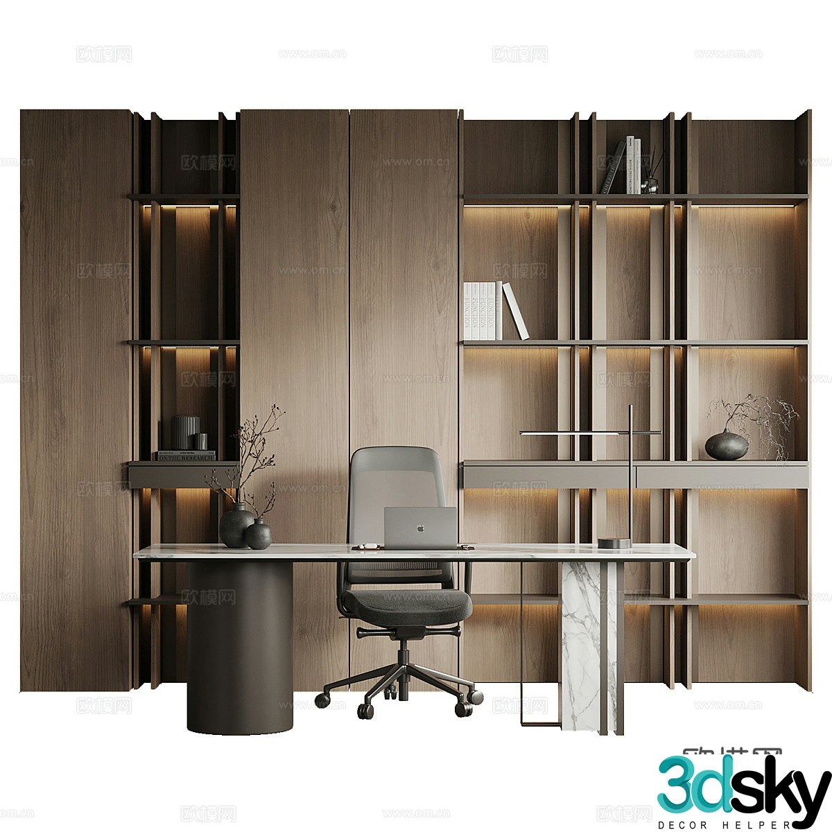 New Chinese style light luxury study room bookcase desk chair combination 3D model