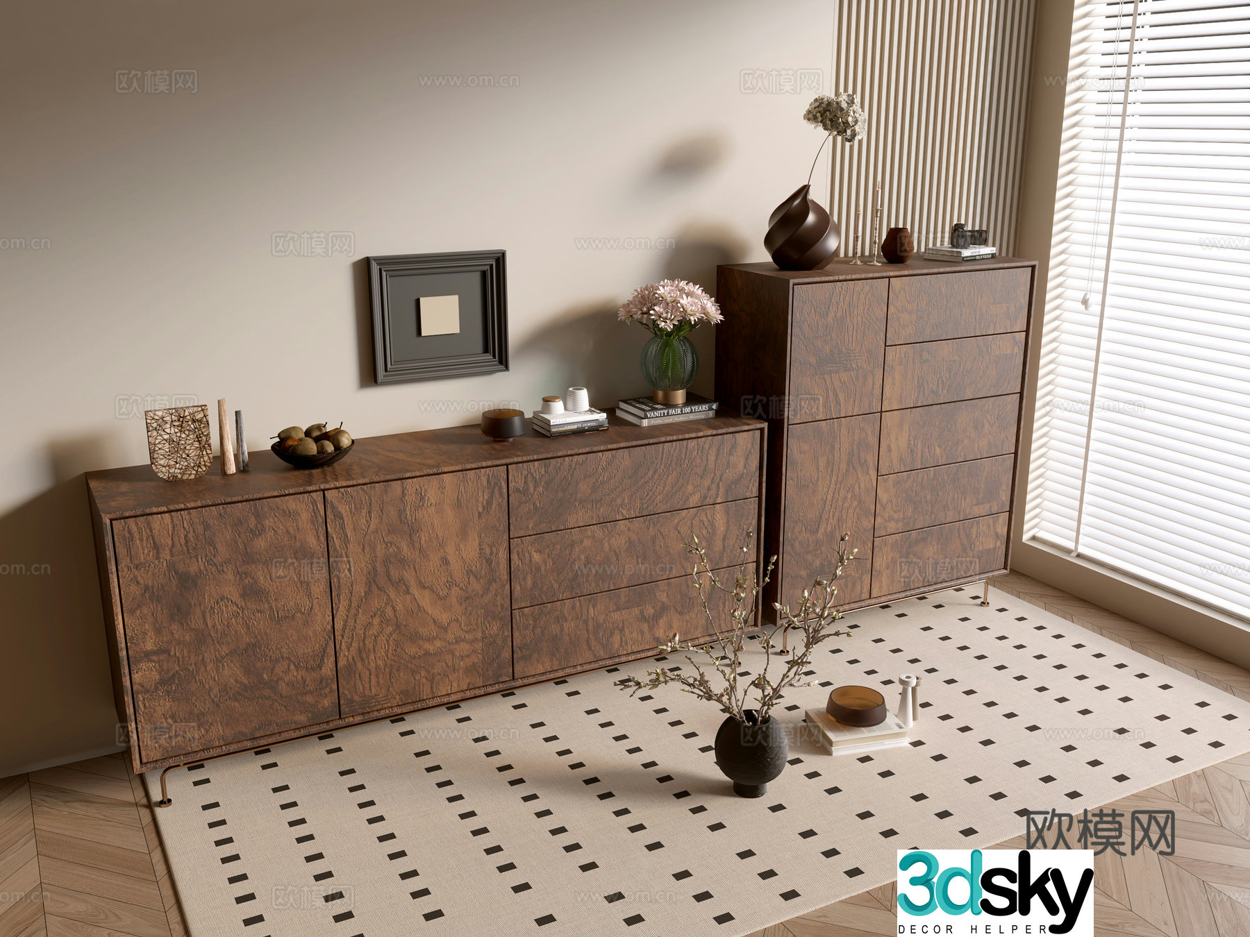 Middle-aged wood grain cabinet Wasabi Fengkou Whole cabinet Side cabinet Balcony cabinet Storage cabinet 3D model