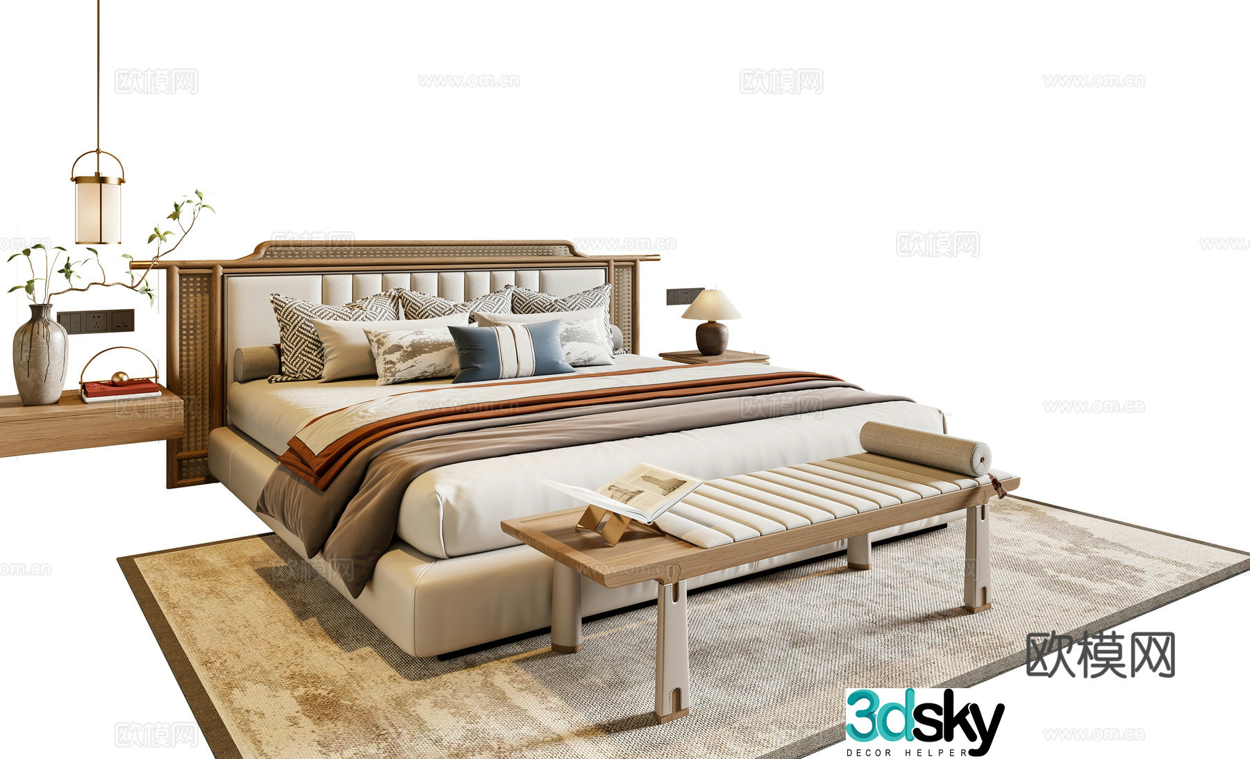 New Chinese style double bed bed nightstand chandeliers foot pedals carpet 3d model