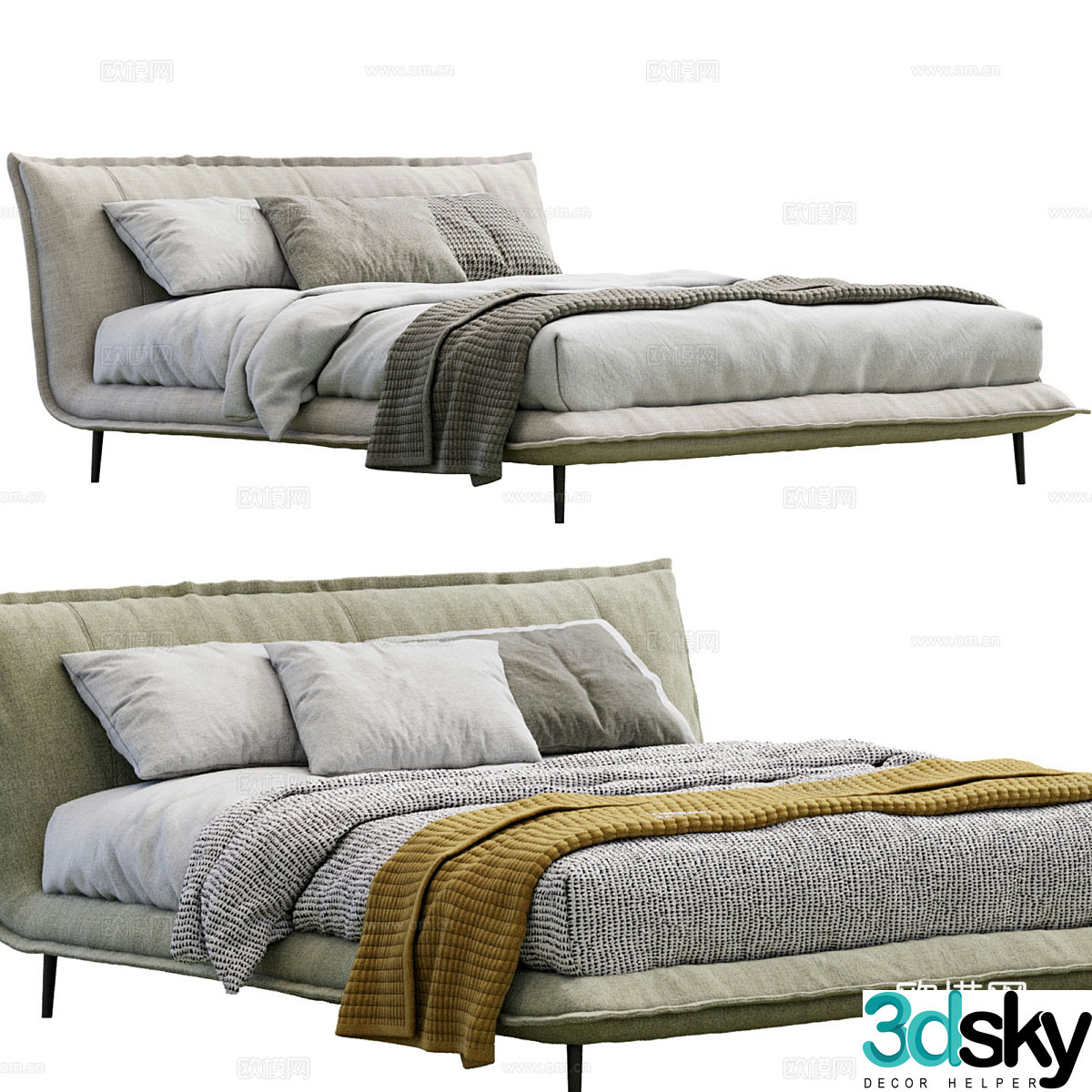 Modern art minimalist fabric double bed 3d model