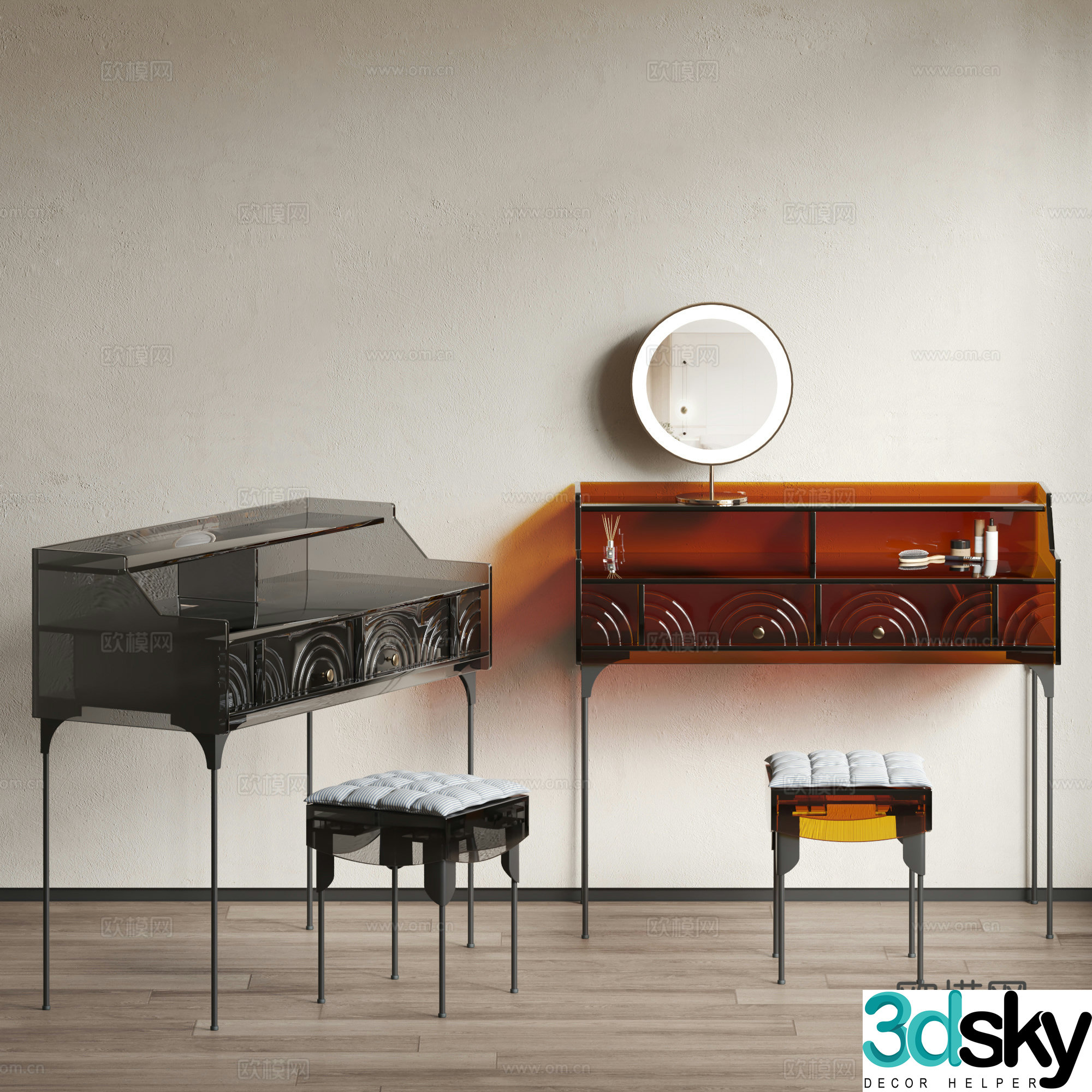 Italian acrylic dressing table light luxury dressing table and stool combination medieval style dressing table retro style makeup 3D model