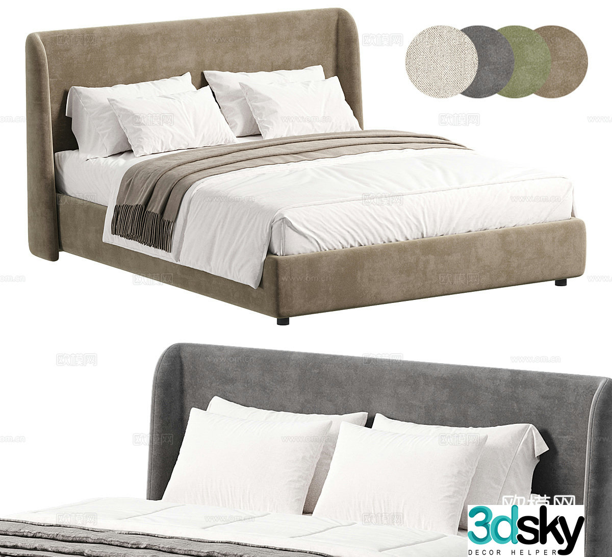 Fabric double bed floor bed backrest bed bedding hotel double bed bedroom double bed main 3D model