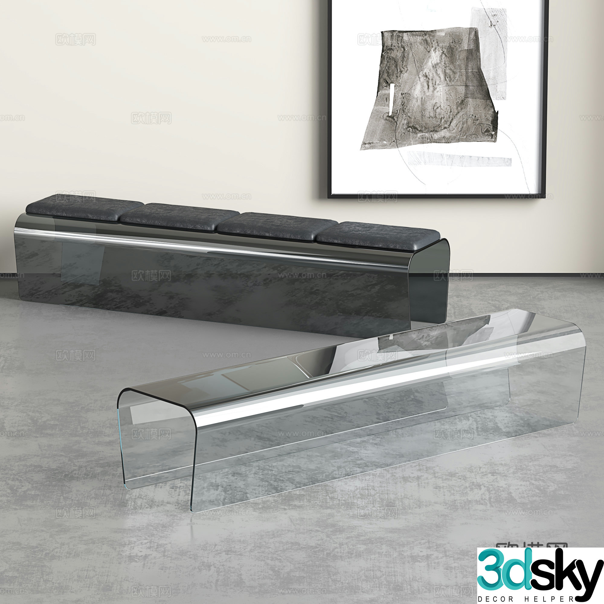 Modern bench Clothing store glass bench light luxury shoe changing stool bed tail stool glass stool 3d model