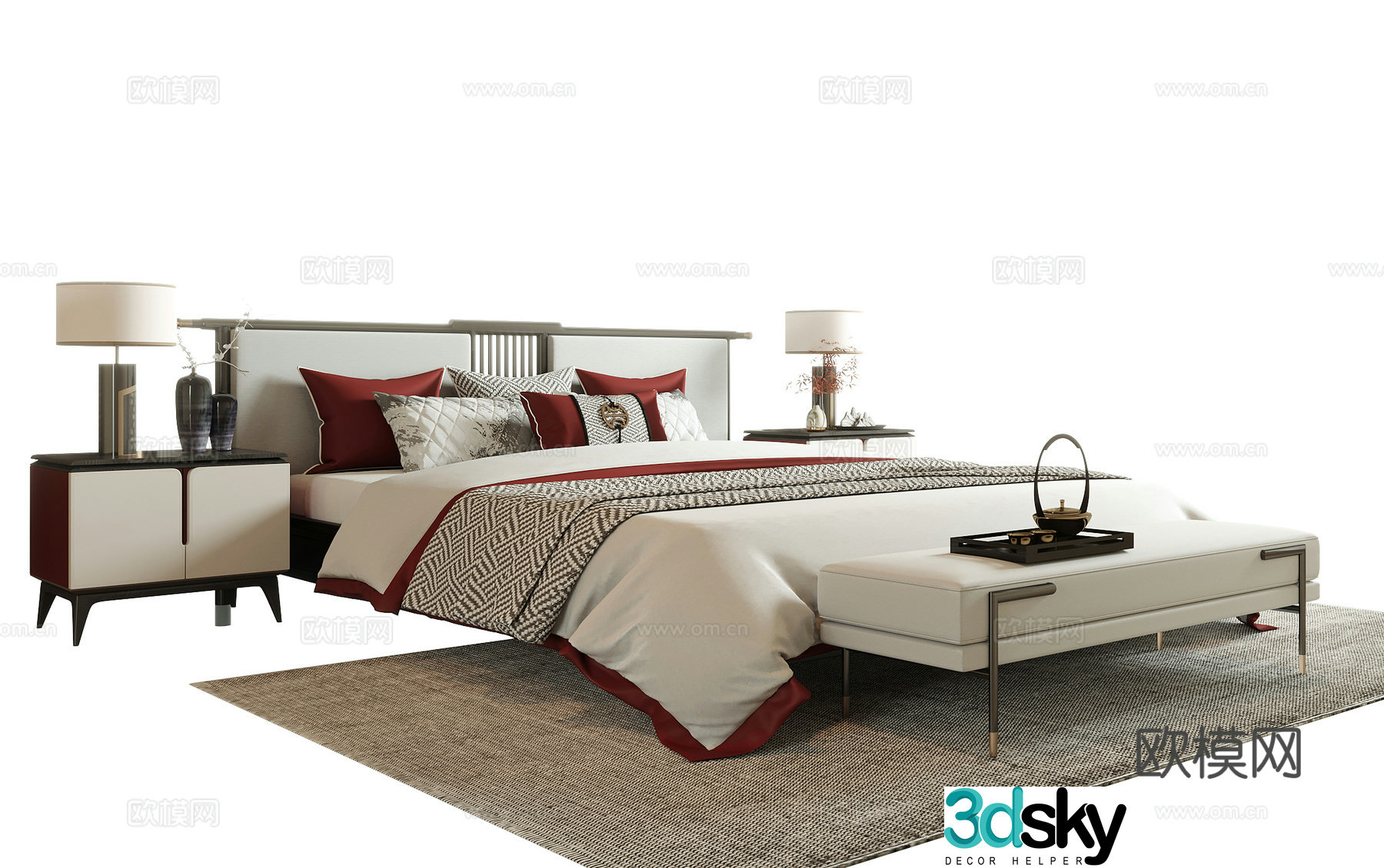 New Chinese style double bed bed tail stool bedside table 3D model