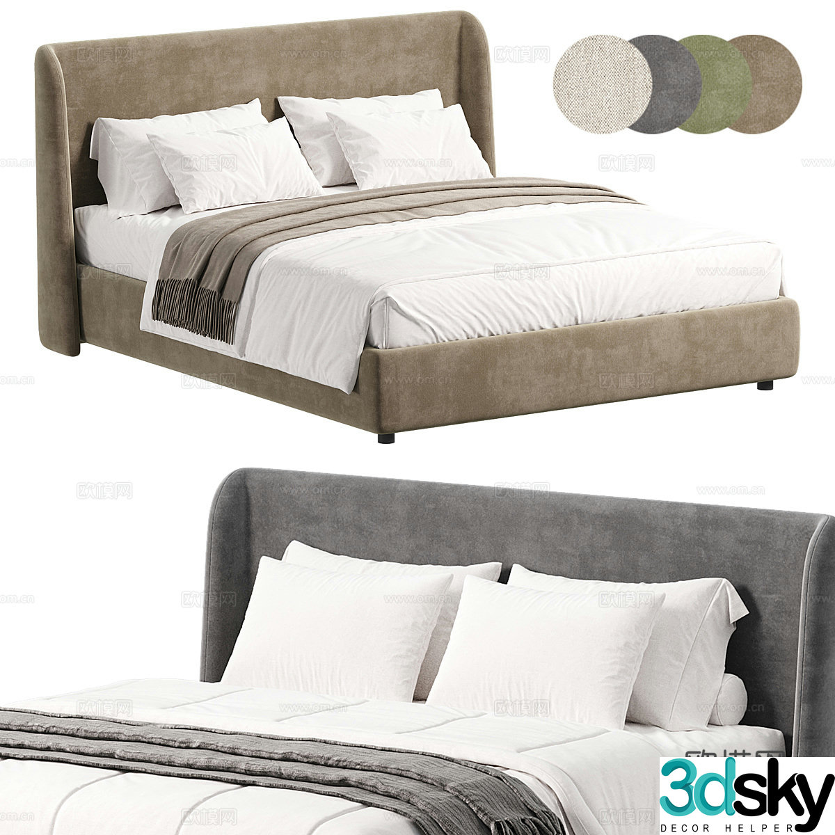 Modern Italian minimalist fabric double bed 3D model