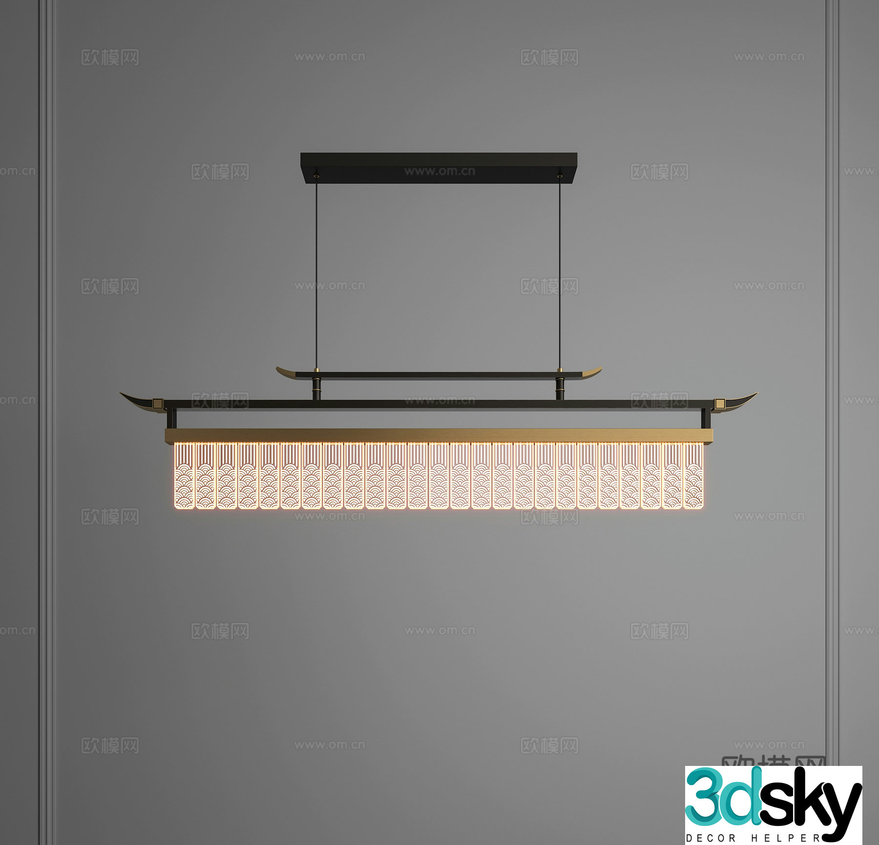 New Chinese style chandelier Zen chandelier Tea room chandelier Study room chandelier One-line chandelier Long strip chandelier 3D model